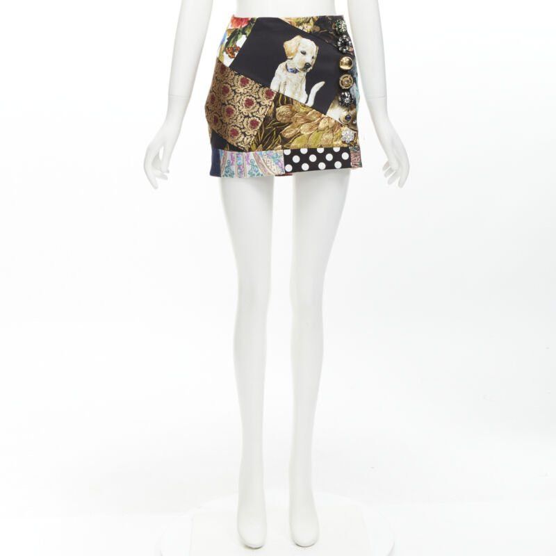Dolce & Gabbana DOLCE GABBANA black colorful dog patchwork jewel embellished mini skirt IT36 XS Size 25" / US 0 / IT 36 - 10 Thumbnail
