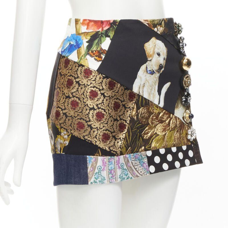 Dolce & Gabbana DOLCE GABBANA black colorful dog patchwork jewel embellished mini skirt IT36 XS Size 25" / US 0 / IT 36 - 3 Thumbnail