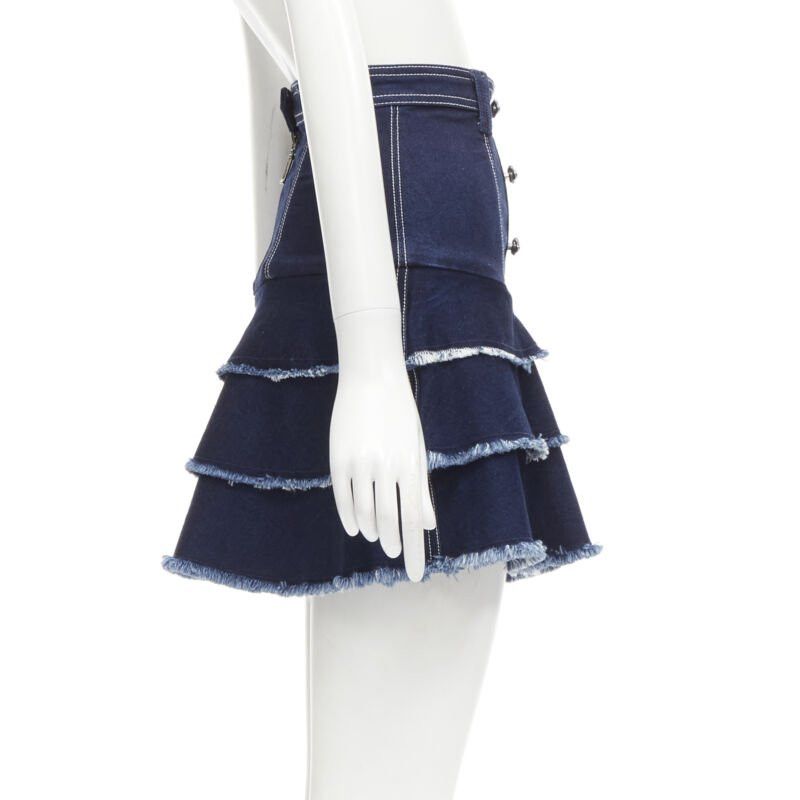 Aje AJE hammered silver buttons blue frayed edge tiered denim skirt UK6 XS Size 26" / US 2 / IT 38 - 4 Thumbnail