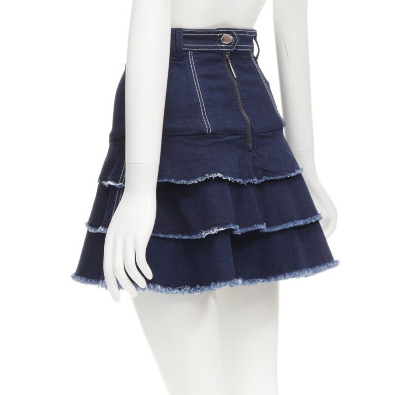 Aje AJE hammered silver buttons blue frayed edge tiered denim skirt UK6 XS Size 26" / US 2 / IT 38 - 6 Thumbnail