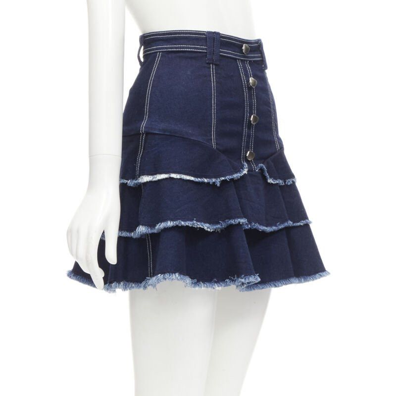 Aje AJE hammered silver buttons blue frayed edge tiered denim skirt UK6 XS Size 26" / US 2 / IT 38 - 3 Thumbnail