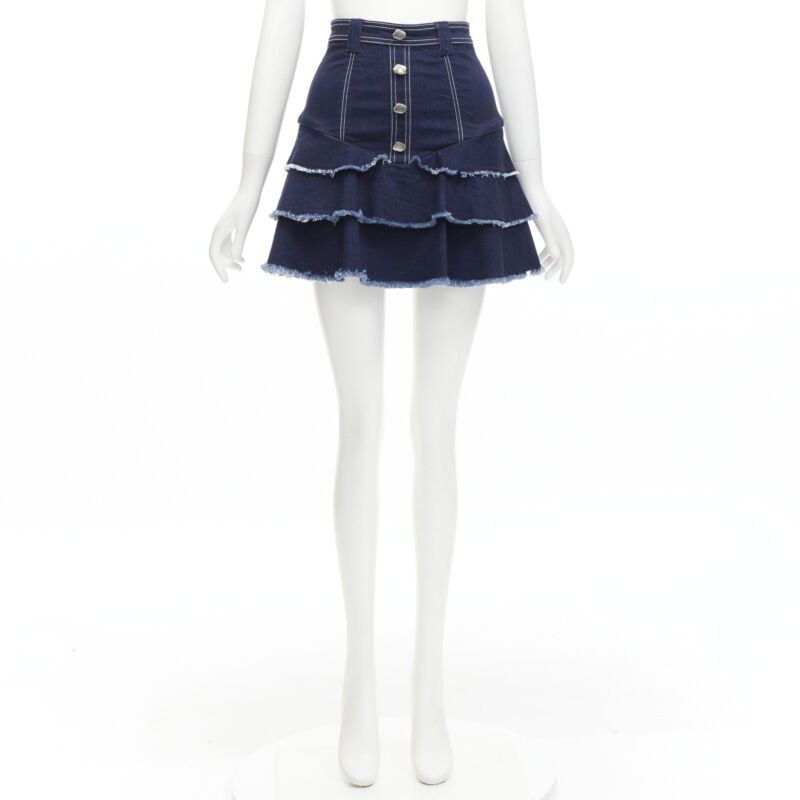 Aje AJE hammered silver buttons blue frayed edge tiered denim skirt UK6 XS Size 26" / US 2 / IT 38 - 9 Thumbnail