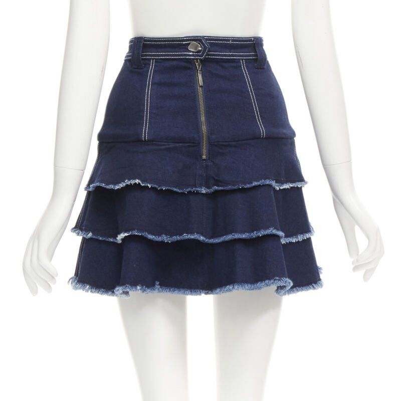 Aje AJE hammered silver buttons blue frayed edge tiered denim skirt UK6 XS Size 26" / US 2 / IT 38 - 5 Thumbnail