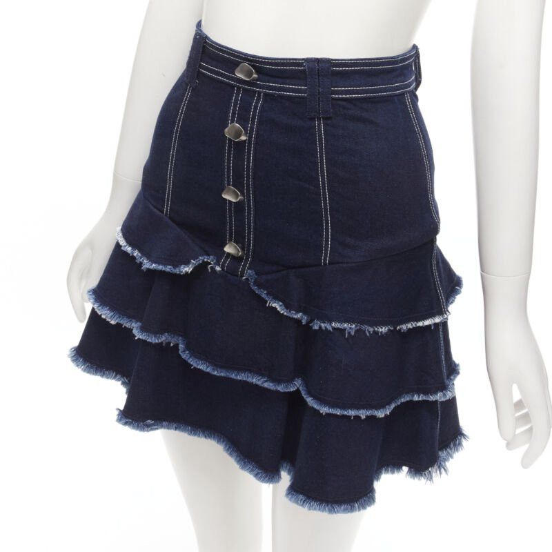 Aje AJE hammered silver buttons blue frayed edge tiered denim skirt UK6 XS Size 26" / US 2 / IT 38 - 2 Thumbnail