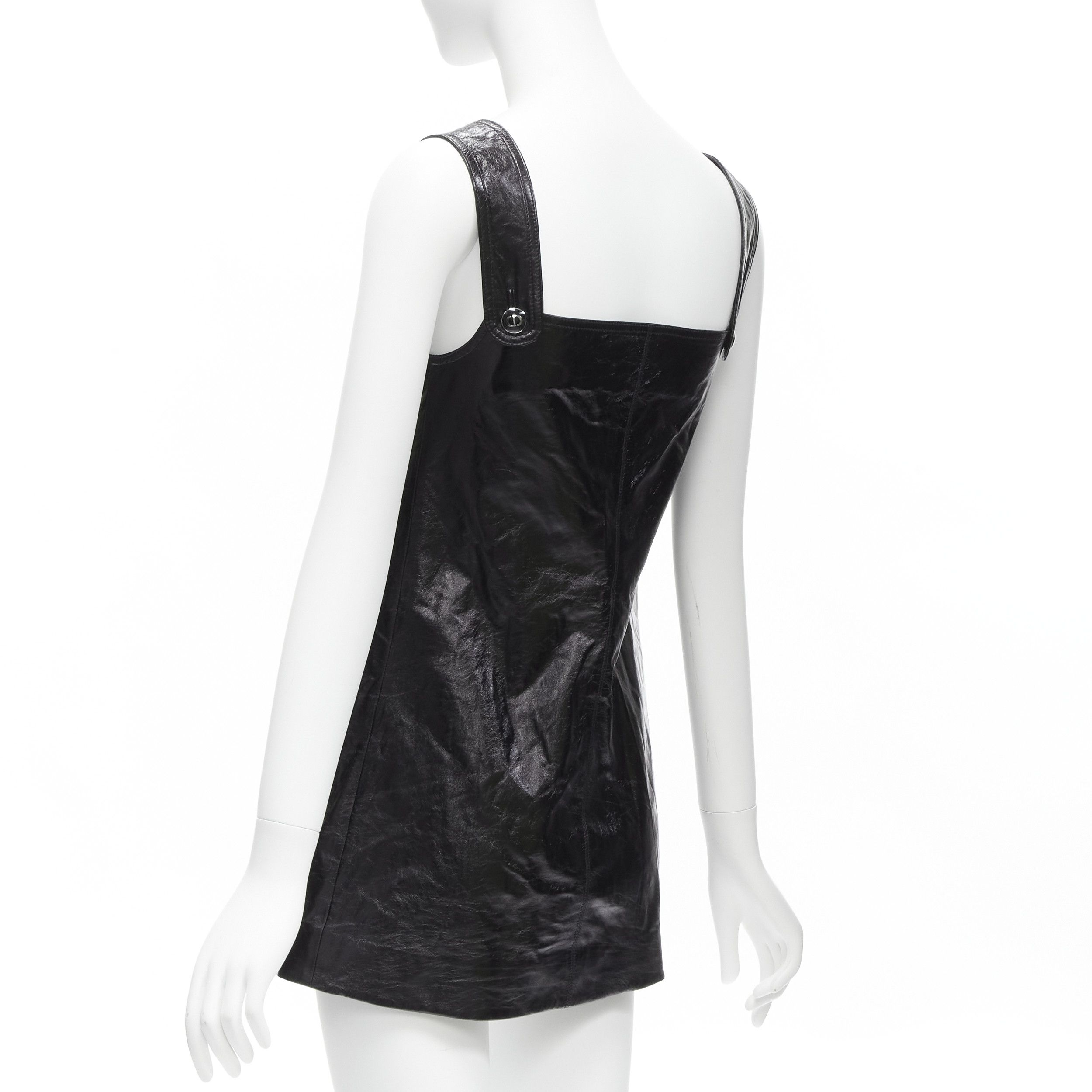 Dior CHRISTIAN DIOR 2022 black crinkled lambskin leather CD logo dungaree mini dress FR36 S Size S / US 4 / IT 40 - 6 Thumbnail