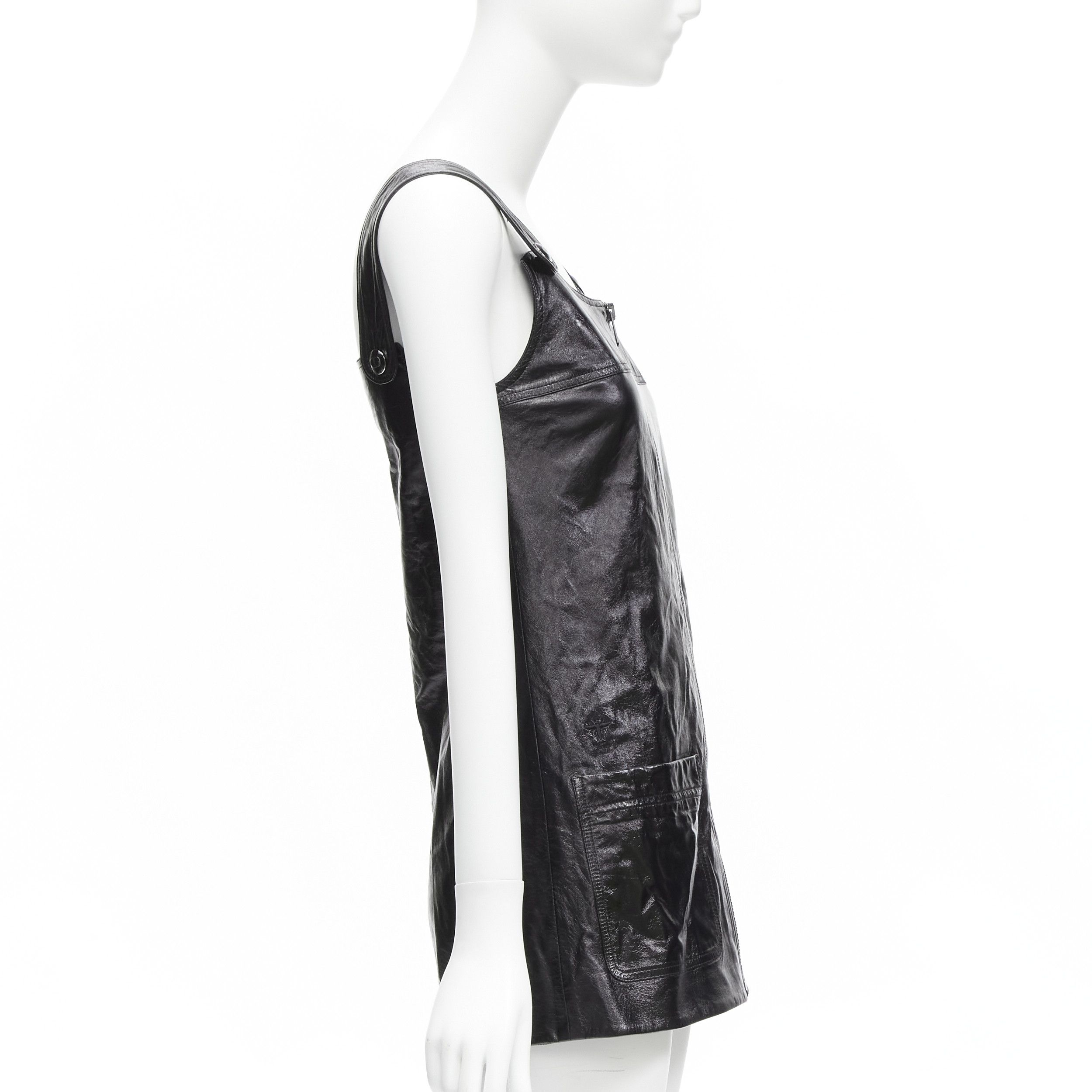 Dior CHRISTIAN DIOR 2022 black crinkled lambskin leather CD logo dungaree mini dress FR36 S Size S / US 4 / IT 40 - 4 Thumbnail