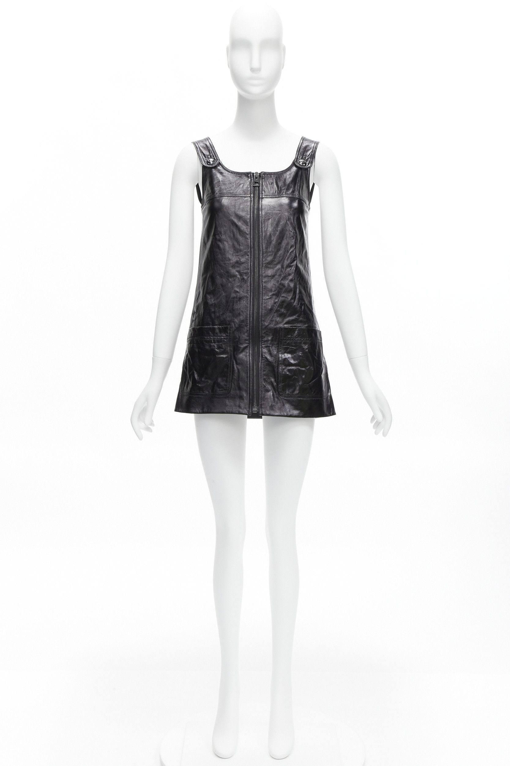 Dior CHRISTIAN DIOR 2022 black crinkled lambskin leather CD logo dungaree  mini dress FR36 S | Grailed