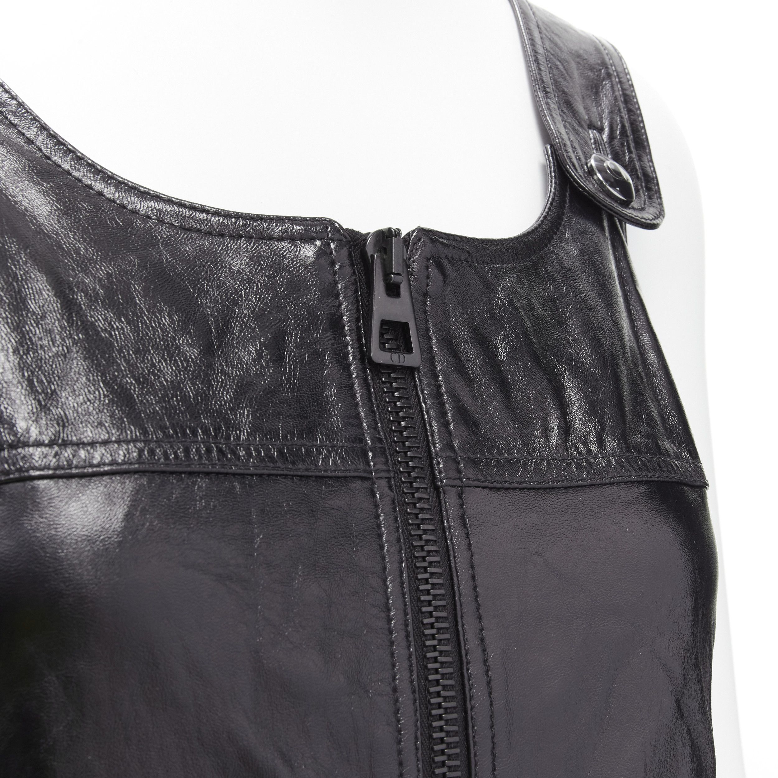 Dior CHRISTIAN DIOR 2022 black crinkled lambskin leather CD logo dungaree mini dress FR36 S Size S / US 4 / IT 40 - 8 Thumbnail