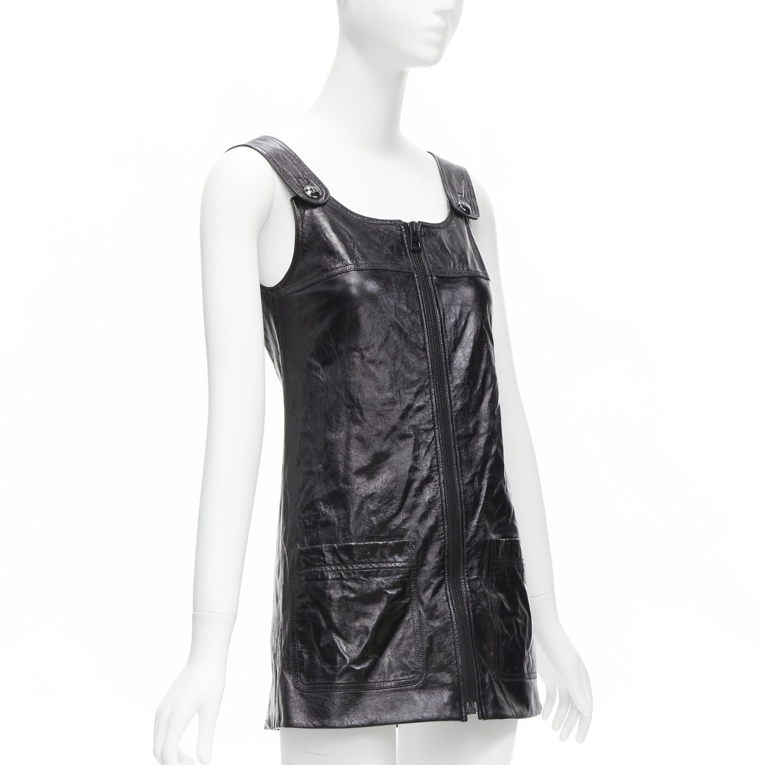 Dior CHRISTIAN DIOR 2022 black crinkled lambskin leather CD logo dungaree mini dress FR36 S Size S / US 4 / IT 40 - 3 Thumbnail