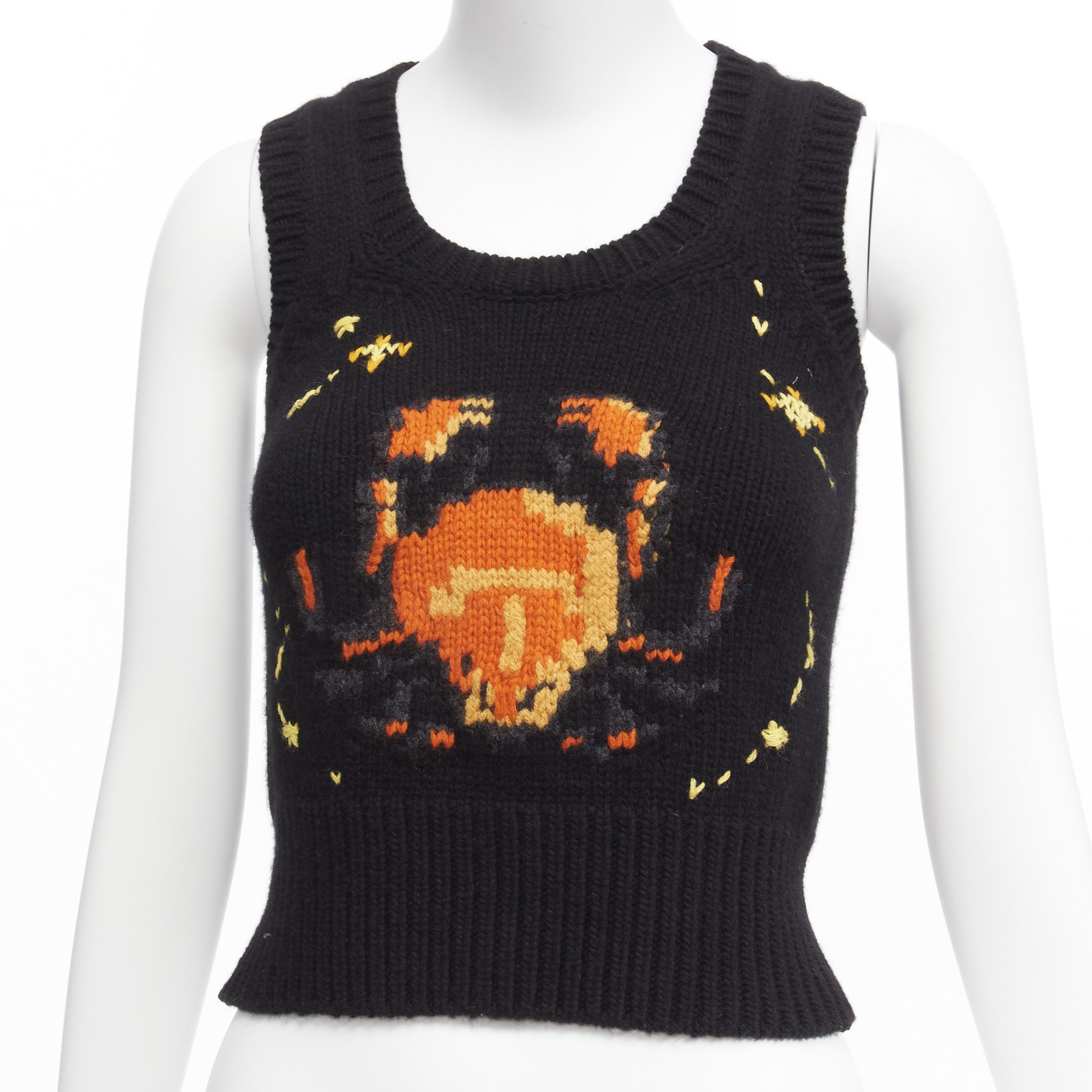 Dior CHRISTIAN DIOR 2022 Pixel Zodiac Cancer black wool cashmere intarsia cropped vest sweater FR34 XS Size XS / US 0-2 / IT 36-38 - 8 Thumbnail