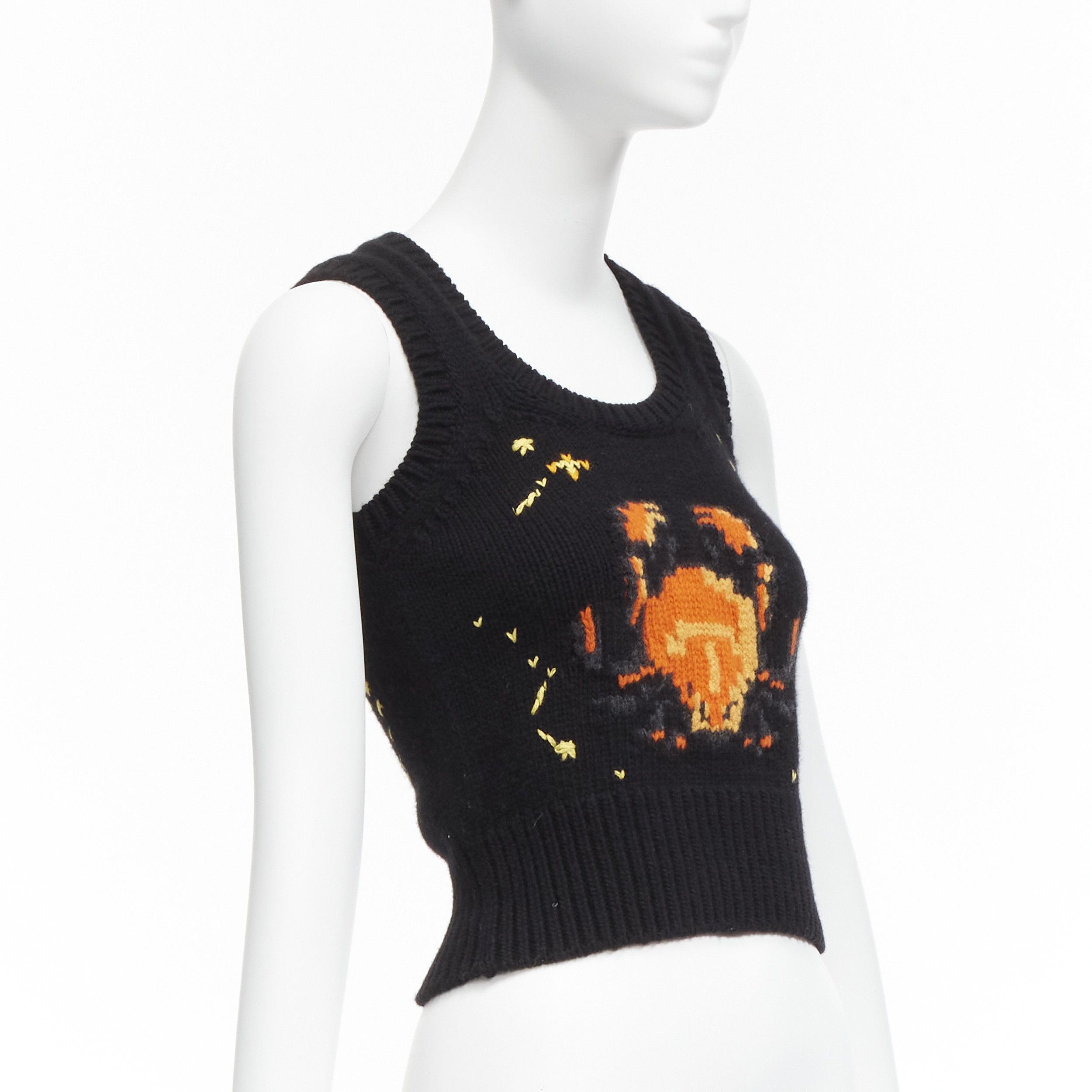 Dior CHRISTIAN DIOR 2022 Pixel Zodiac Cancer black wool cashmere intarsia cropped vest sweater FR34 XS Size XS / US 0-2 / IT 36-38 - 3 Thumbnail