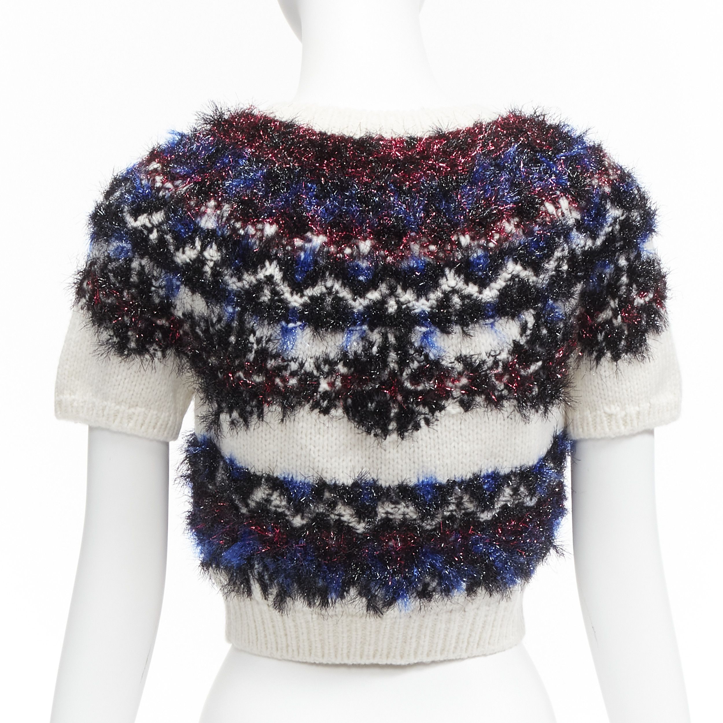 Chanel CHANEL pink blue fluffy lurex cream intarsia crystal CC logo cropped sweater FR34 XS Size XS / US 0-2 / IT 36-38 - 5 Thumbnail
