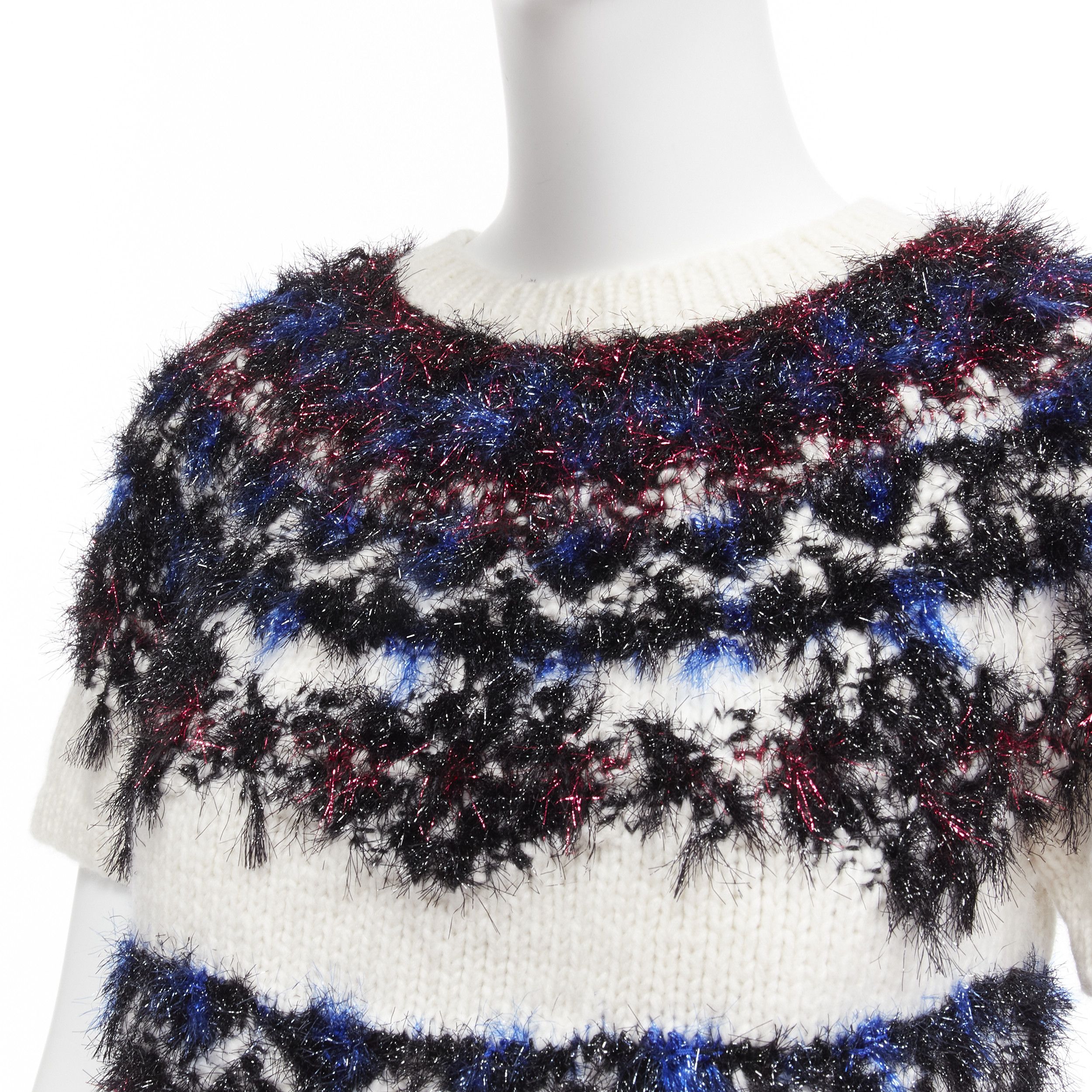 Chanel CHANEL pink blue fluffy lurex cream intarsia crystal CC logo cropped sweater FR34 XS Size XS / US 0-2 / IT 36-38 - 7 Thumbnail
