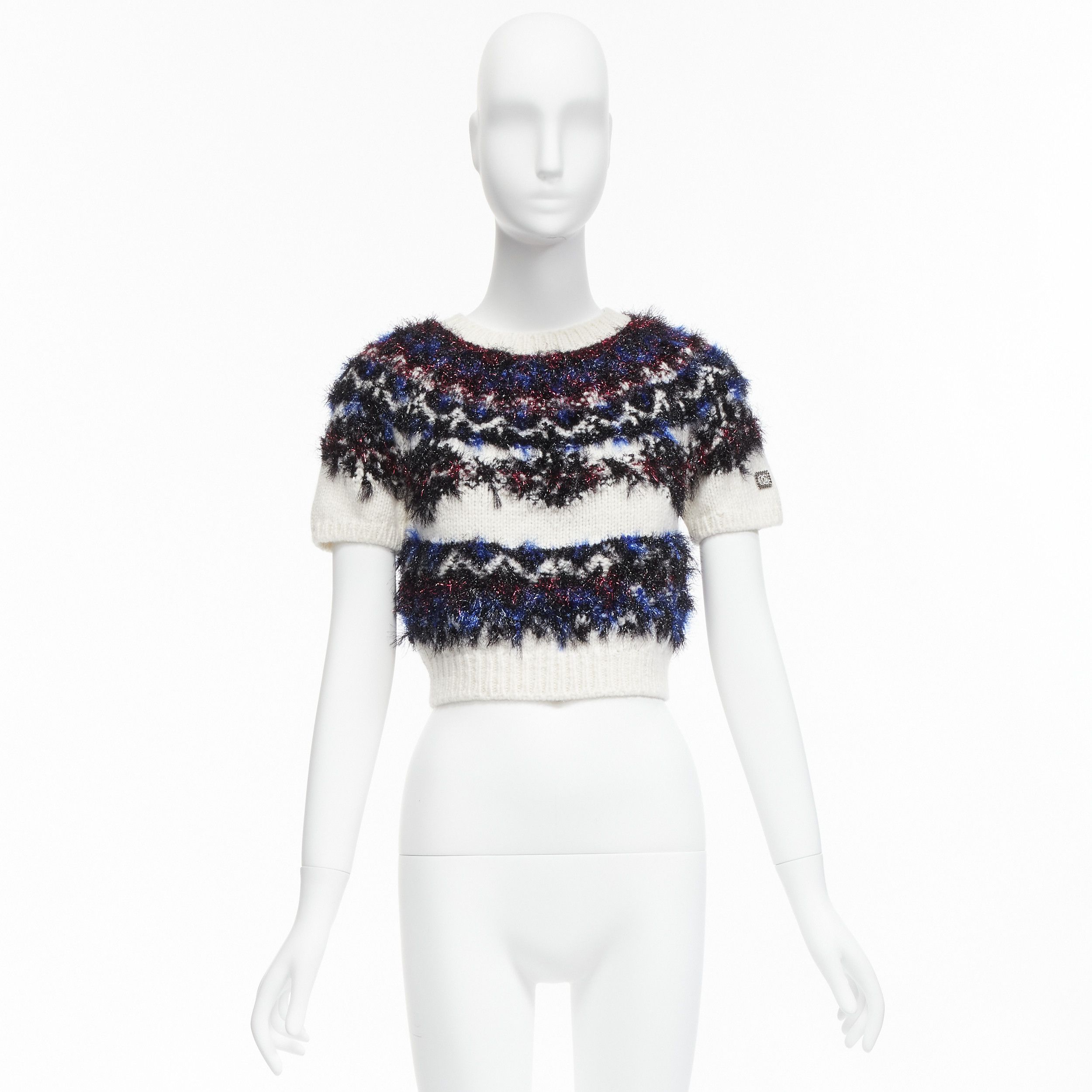 Chanel CHANEL pink blue fluffy lurex cream intarsia crystal CC logo cropped sweater FR34 XS Size XS / US 0-2 / IT 36-38 - 10 Thumbnail