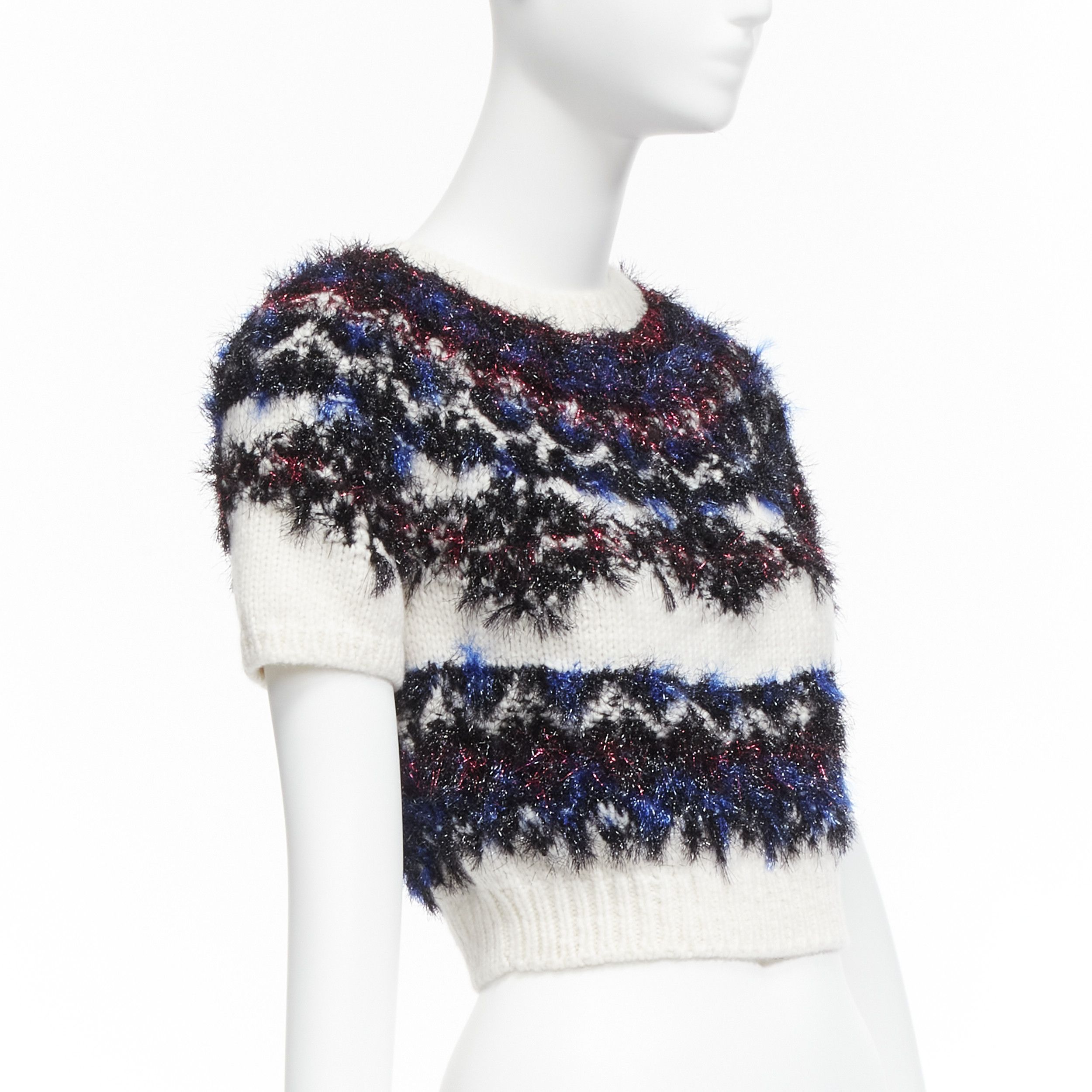Chanel CHANEL pink blue fluffy lurex cream intarsia crystal CC logo cropped sweater FR34 XS Size XS / US 0-2 / IT 36-38 - 3 Thumbnail