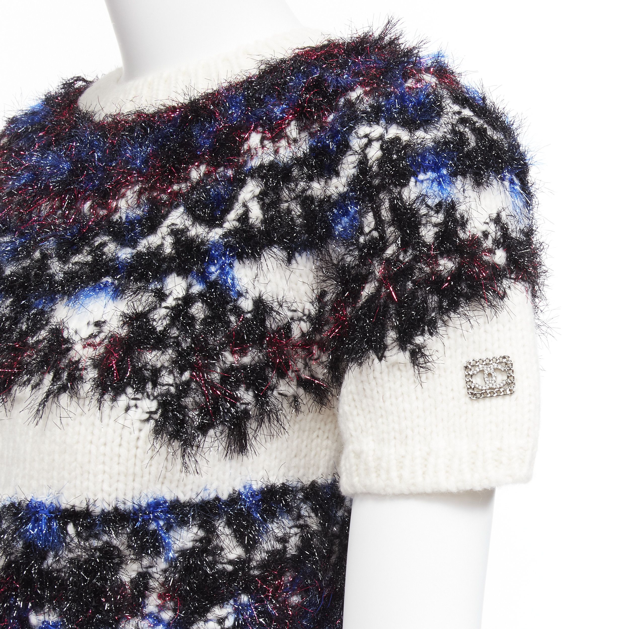 Chanel CHANEL pink blue fluffy lurex cream intarsia crystal CC logo cropped sweater FR34 XS Size XS / US 0-2 / IT 36-38 - 2 Thumbnail