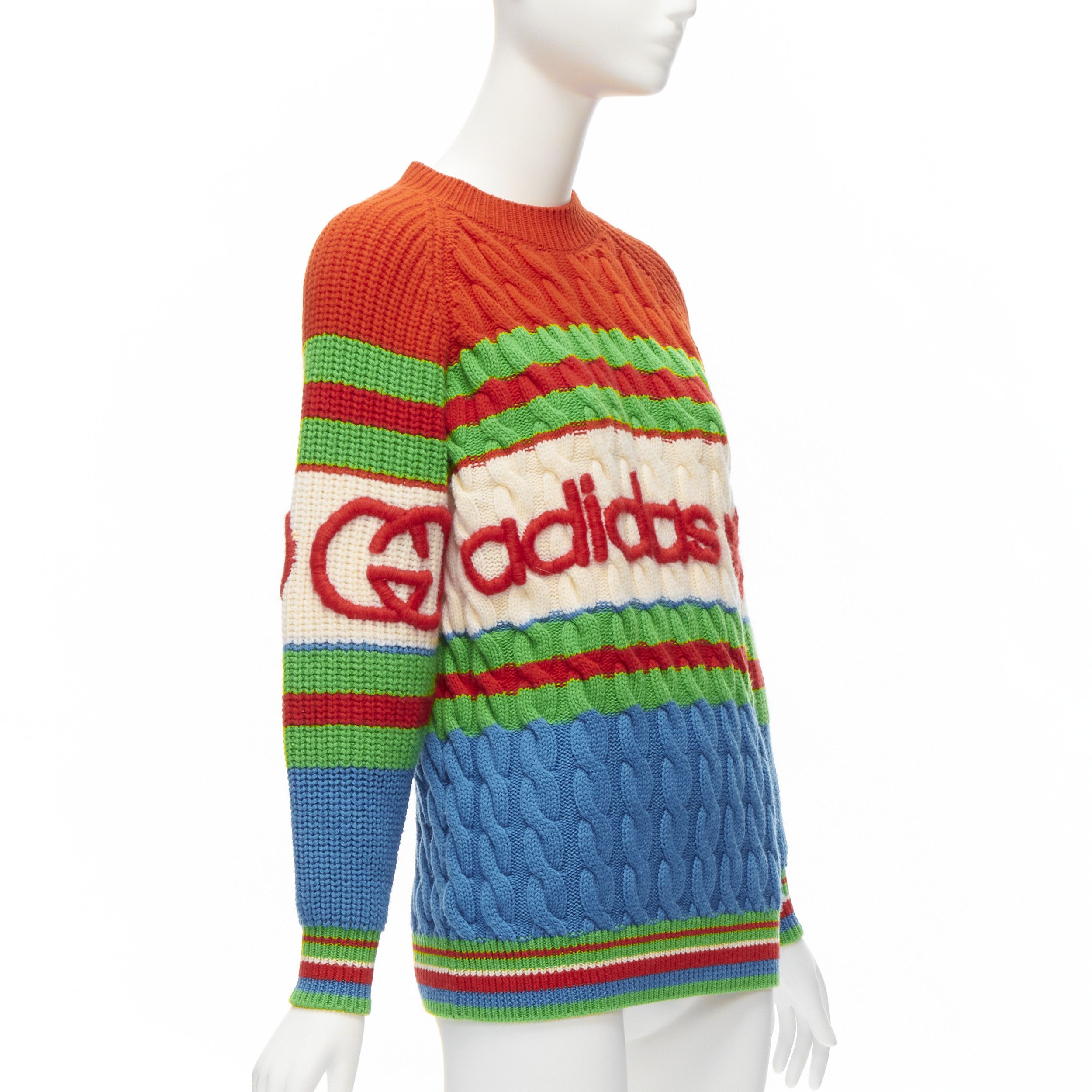 Gucci GUCCI ADIDAS 2022 100% wool red green 3D logo embroidery cable sweater XXS Size XXS / US 00 / IT 34 - 3 Thumbnail
