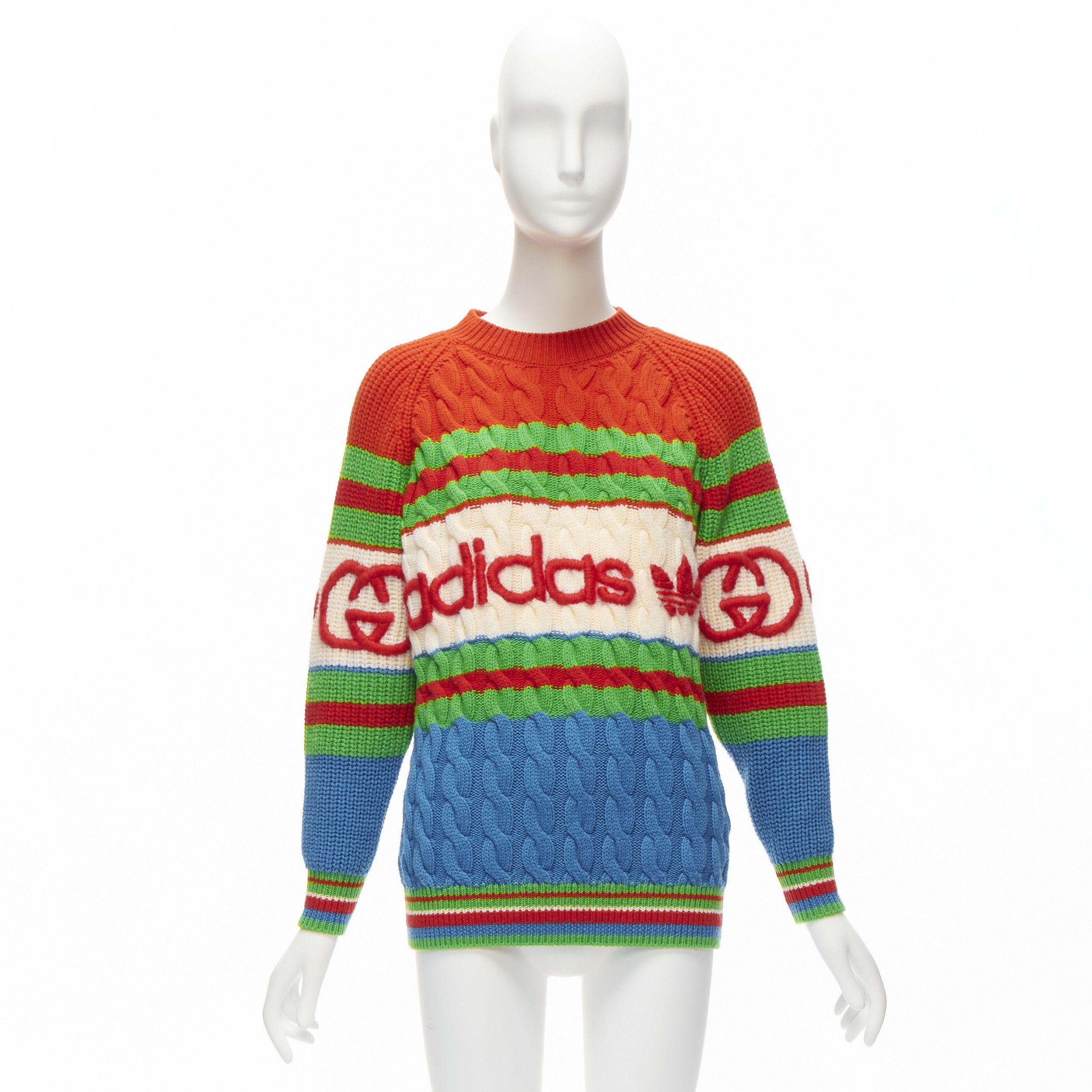 Gucci GUCCI ADIDAS 2022 100% wool red green 3D logo embroidery cable sweater XXS Size XXS / US 00 / IT 34 - 10 Thumbnail