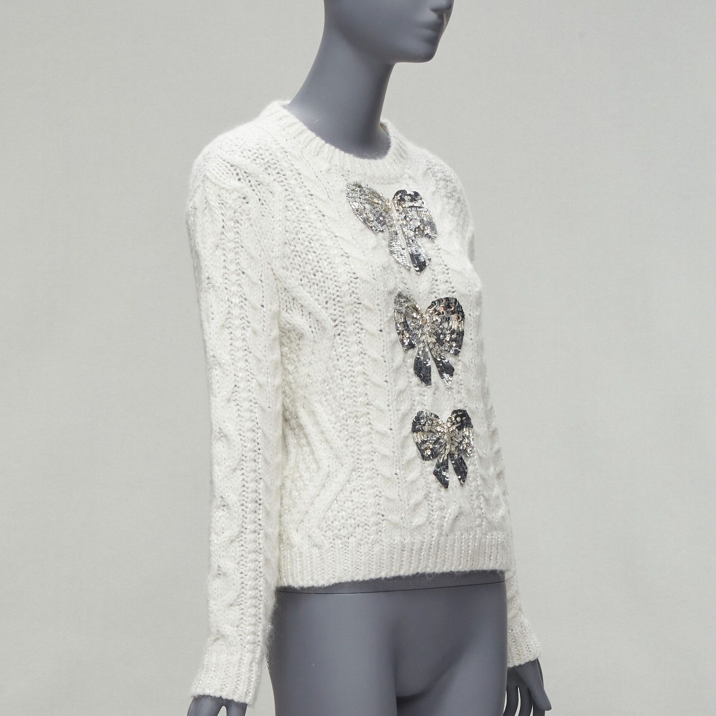 Valentino VALENTINO 2021 silver beads sequins bow white lurex cable knit sweater XS Size XS / US 0-2 / IT 36-38 - 2 Thumbnail