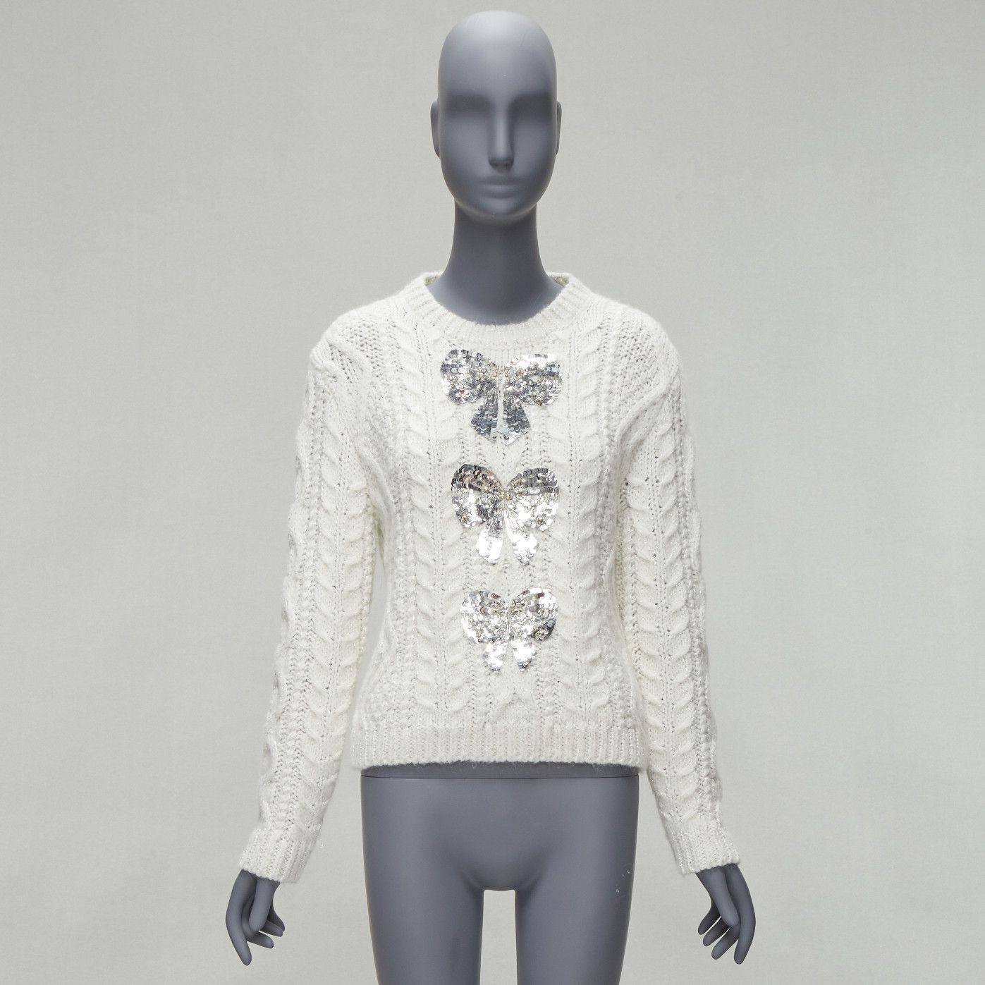 Valentino VALENTINO 2021 silver beads sequins bow white lurex cable knit sweater XS Size XS / US 0-2 / IT 36-38 - 9 Thumbnail