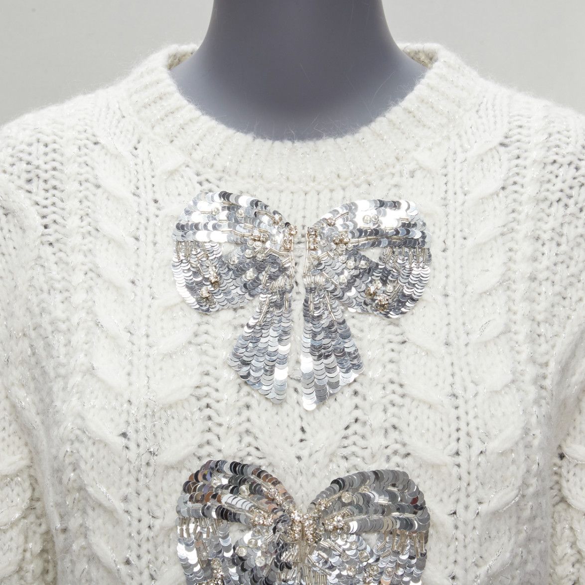 Valentino VALENTINO 2021 silver beads sequins bow white lurex cable knit sweater XS Size XS / US 0-2 / IT 36-38 - 6 Thumbnail