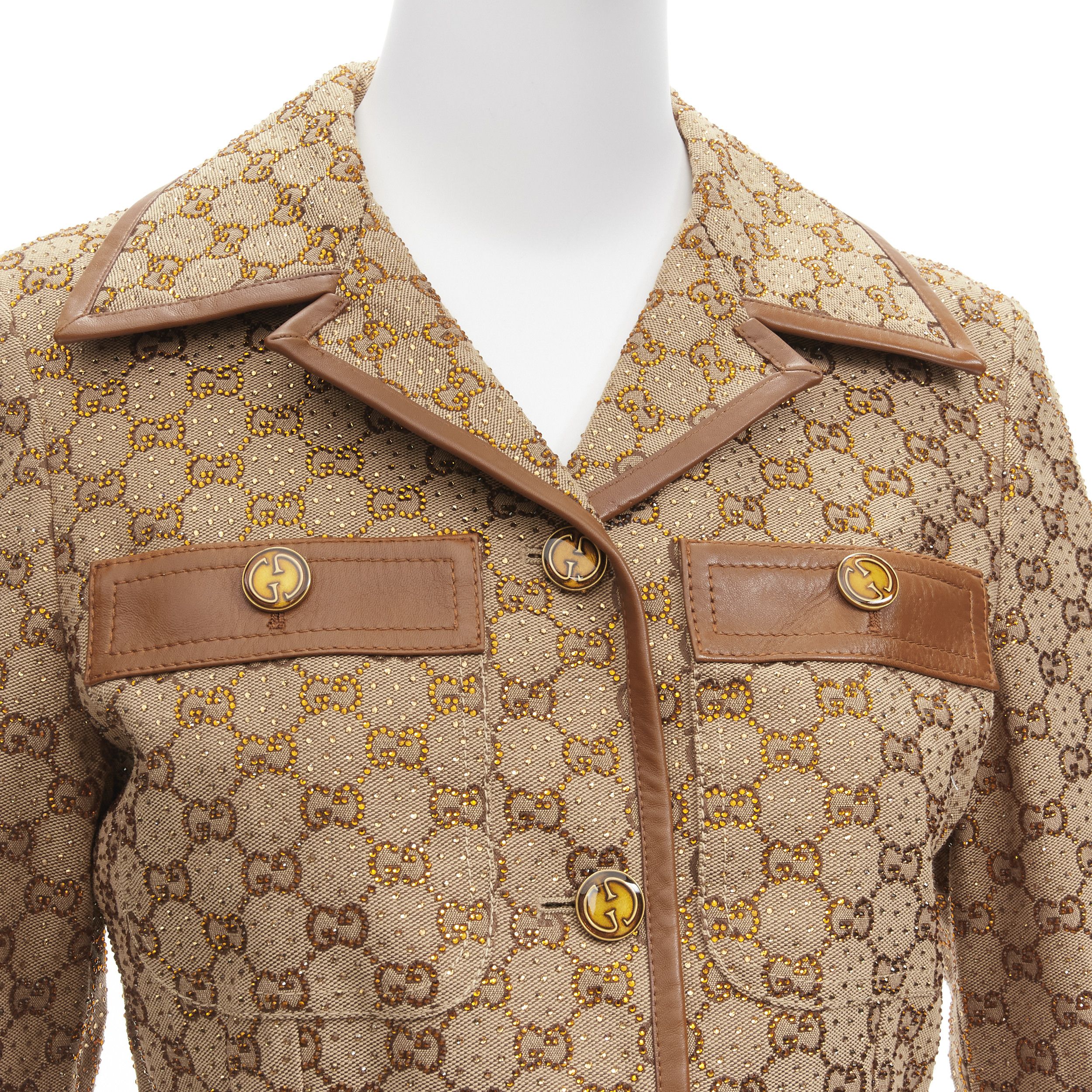 Gucci GUCCI 2022 Aria crystal embellished Horsebit web belt leather trimmed GG canvas jacket IT38 XS Size XS / US 0-2 / IT 36-38 - 8 Thumbnail