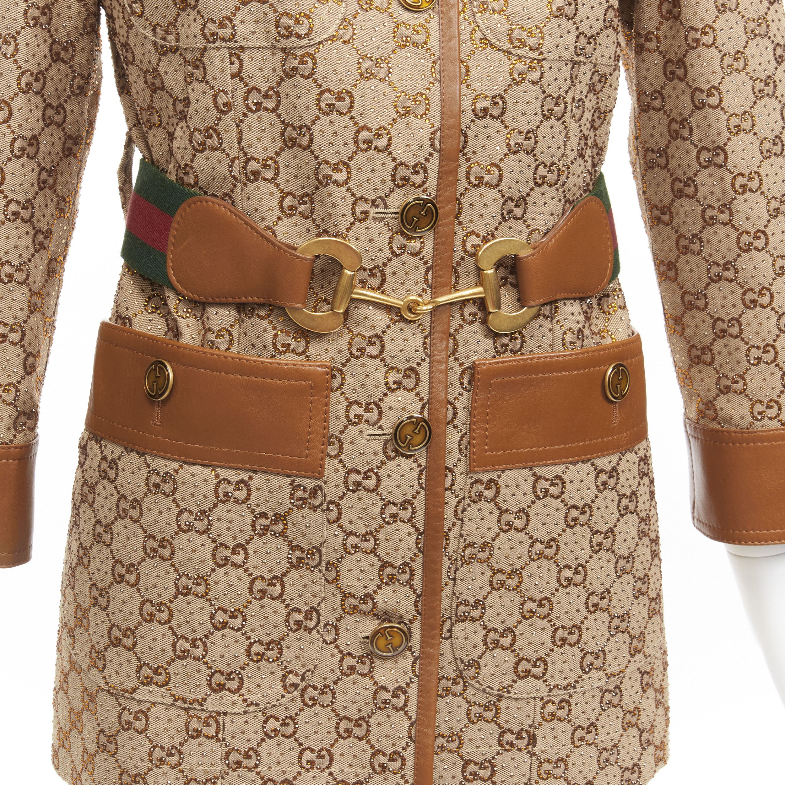 Gucci GUCCI 2022 Aria crystal embellished Horsebit web belt leather trimmed GG canvas jacket IT38 XS Size XS / US 0-2 / IT 36-38 - 2 Thumbnail