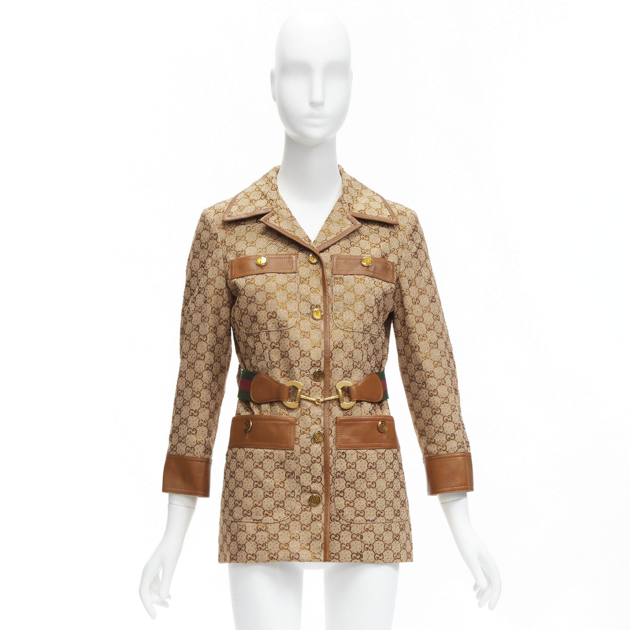 Gucci GUCCI 2022 Aria crystal embellished Horsebit web belt leather trimmed GG canvas jacket IT38 XS Size XS / US 0-2 / IT 36-38 - 11 Thumbnail