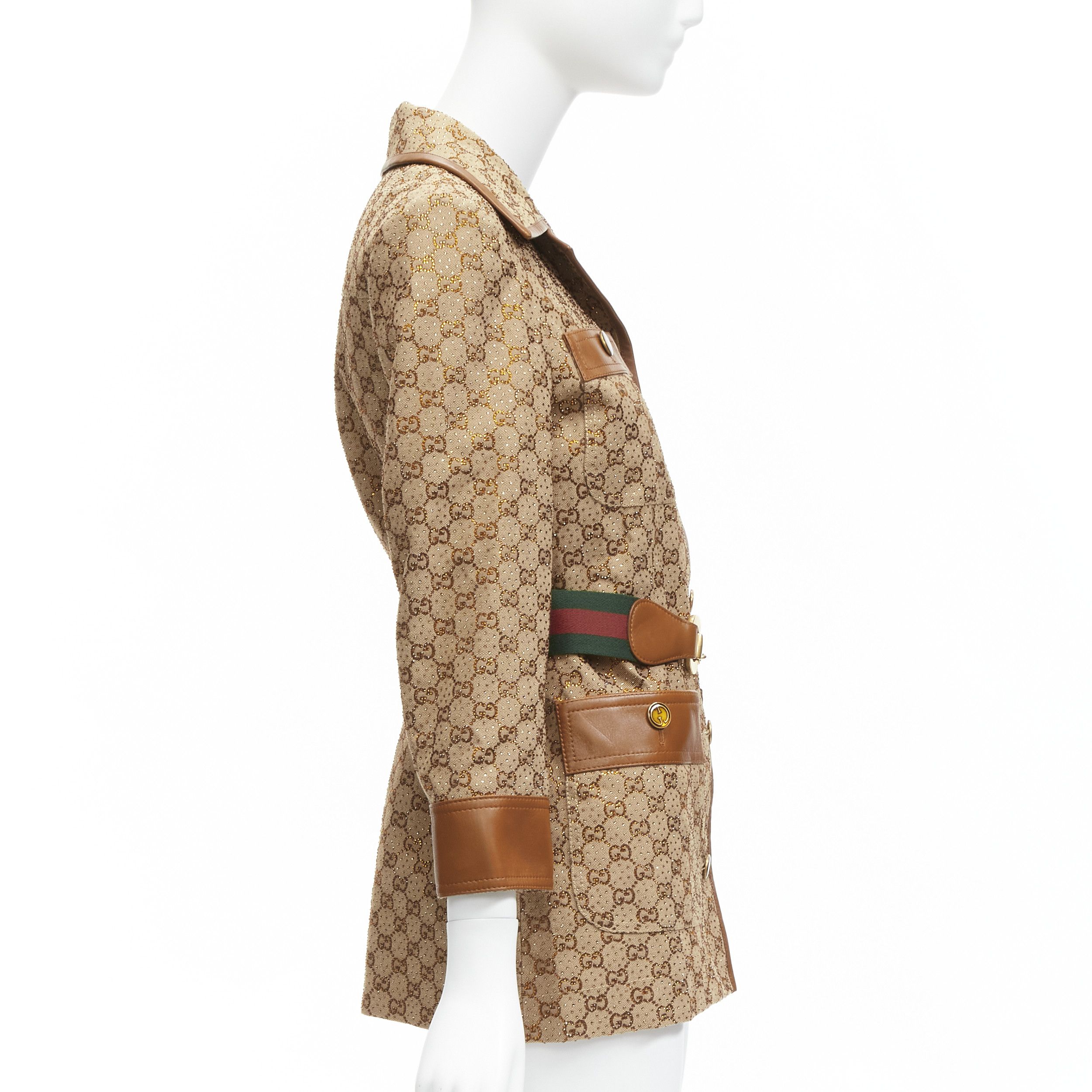 Gucci GUCCI 2022 Aria crystal embellished Horsebit web belt leather trimmed GG canvas jacket IT38 XS Size XS / US 0-2 / IT 36-38 - 5 Thumbnail
