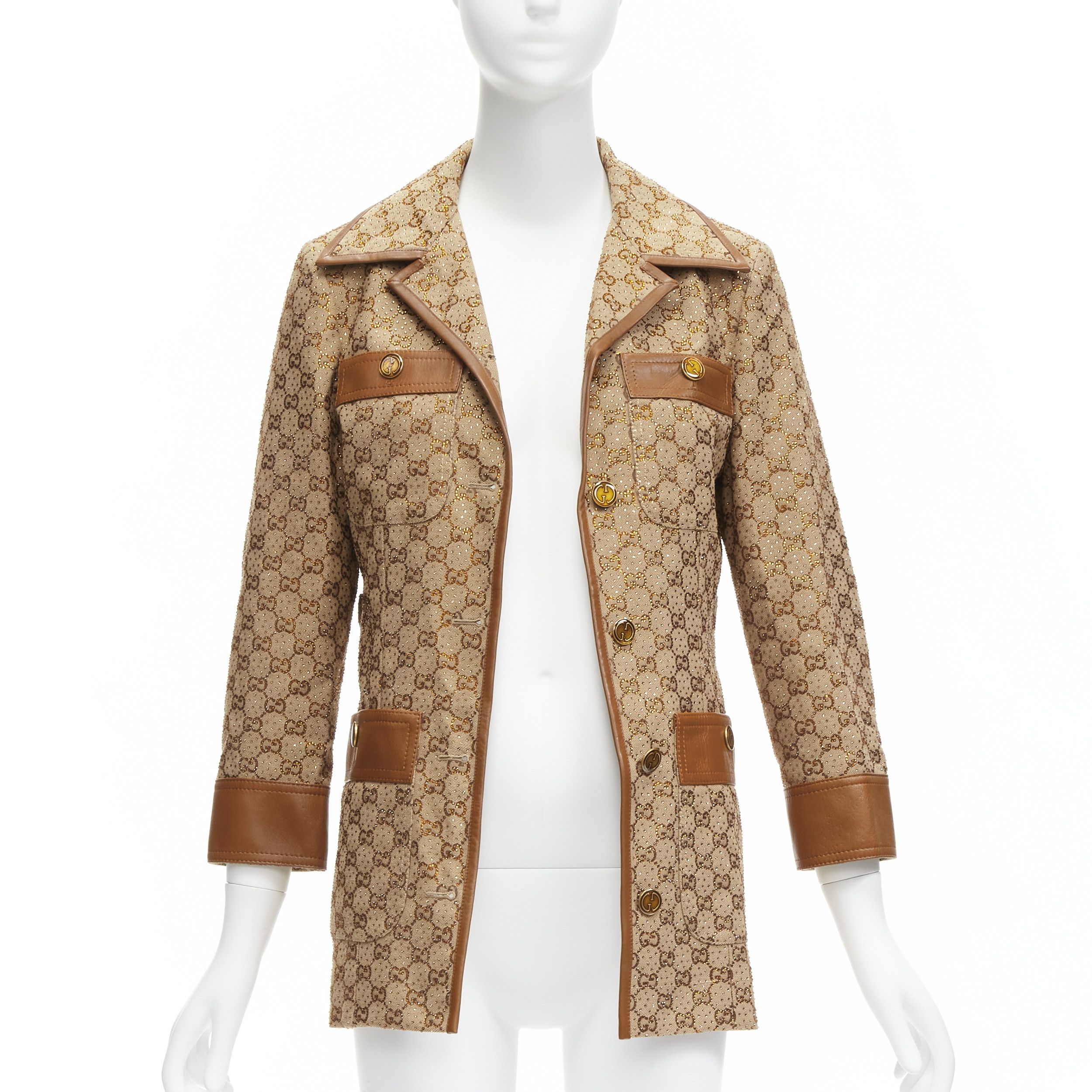 Gucci GUCCI 2022 Aria crystal embellished Horsebit web belt leather trimmed GG canvas jacket IT38 XS Size XS / US 0-2 / IT 36-38 - 3 Thumbnail