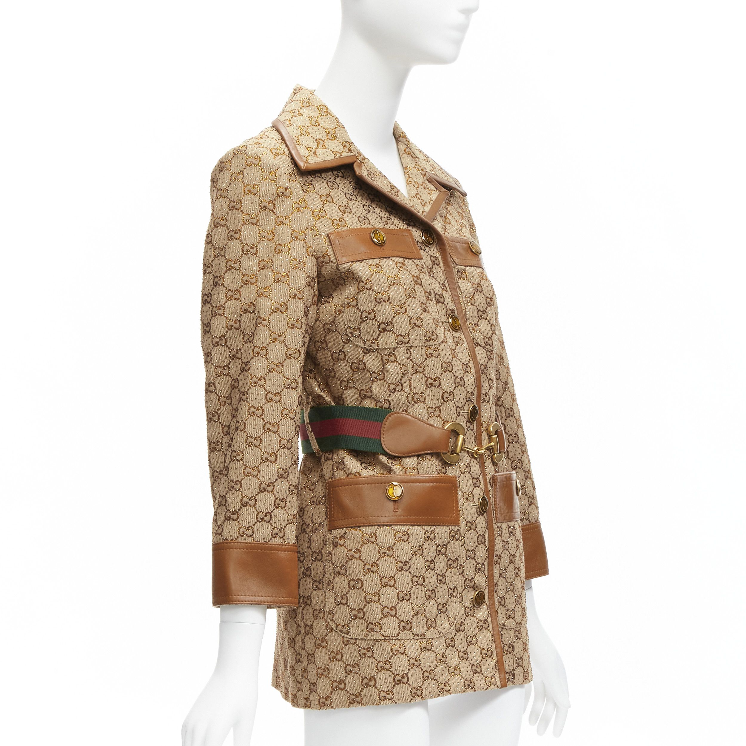 Gucci GUCCI 2022 Aria crystal embellished Horsebit web belt leather trimmed GG canvas jacket IT38 XS Size XS / US 0-2 / IT 36-38 - 4 Thumbnail