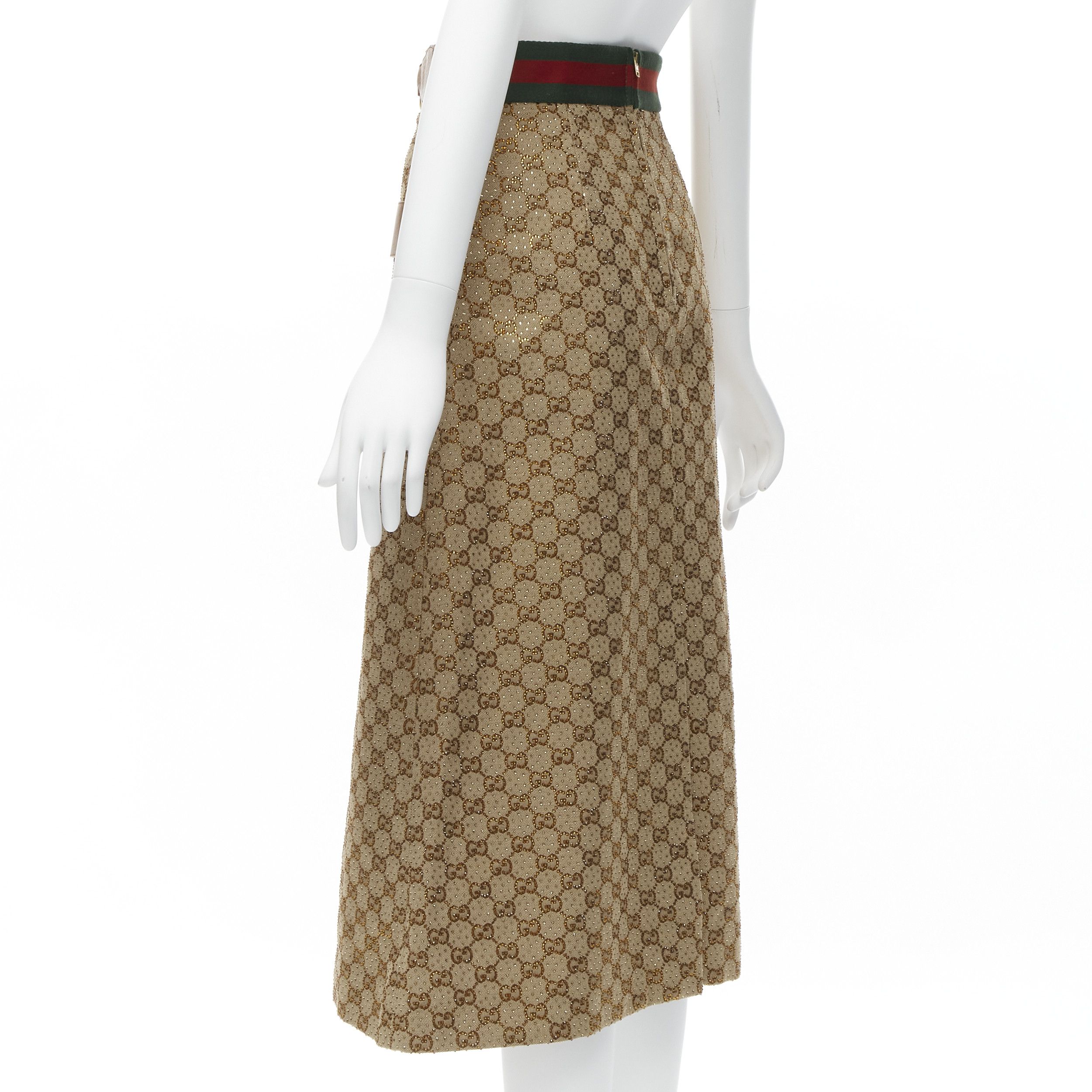 Gucci GUCCI GG logo monogram yellow crystal brown leather horse bit A-line midi skirt IT38 XS Size 26" / US 2 / IT 38 - 6 Thumbnail