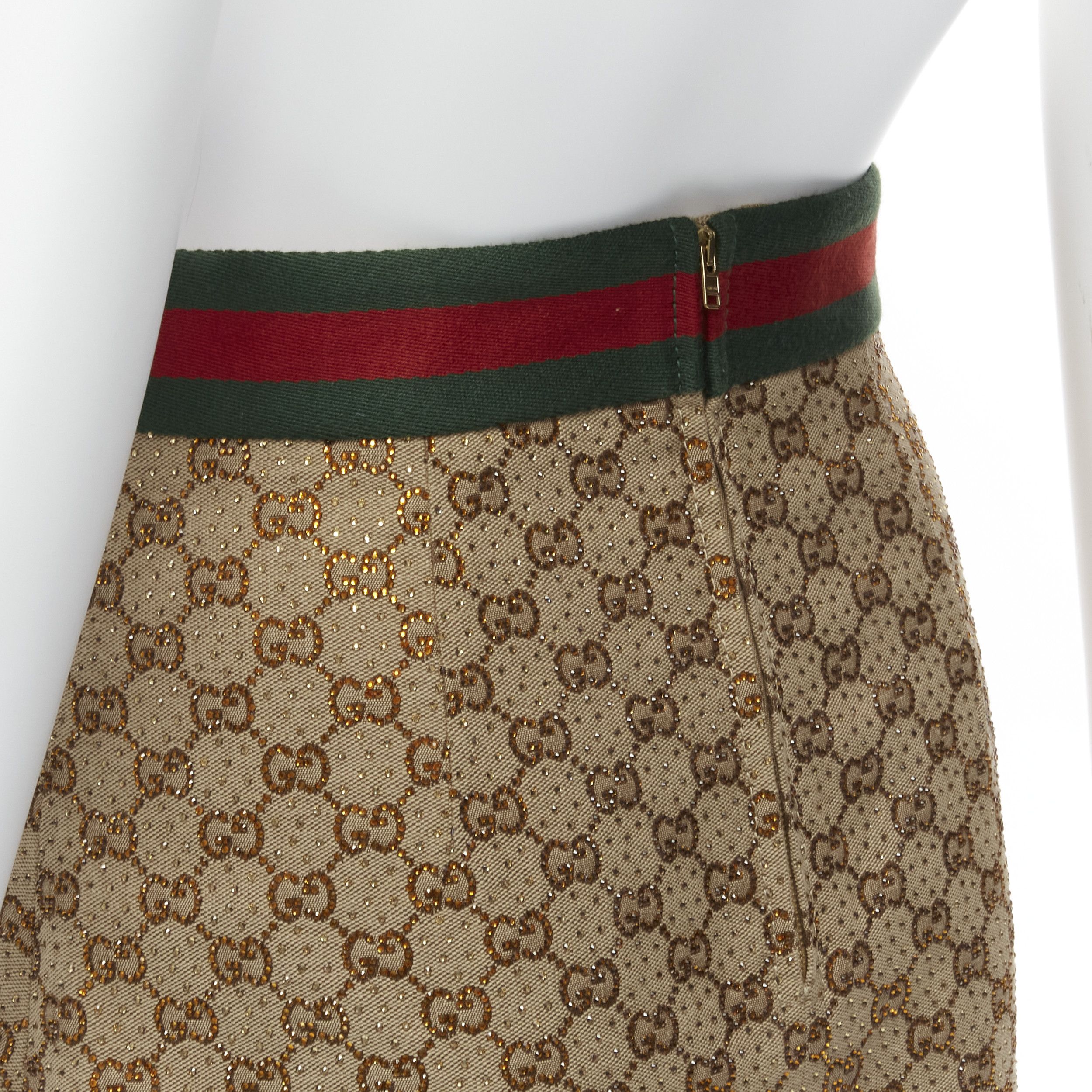 Gucci GUCCI GG logo monogram yellow crystal brown leather horse bit A-line midi skirt IT38 XS Size 26" / US 2 / IT 38 - 7 Thumbnail