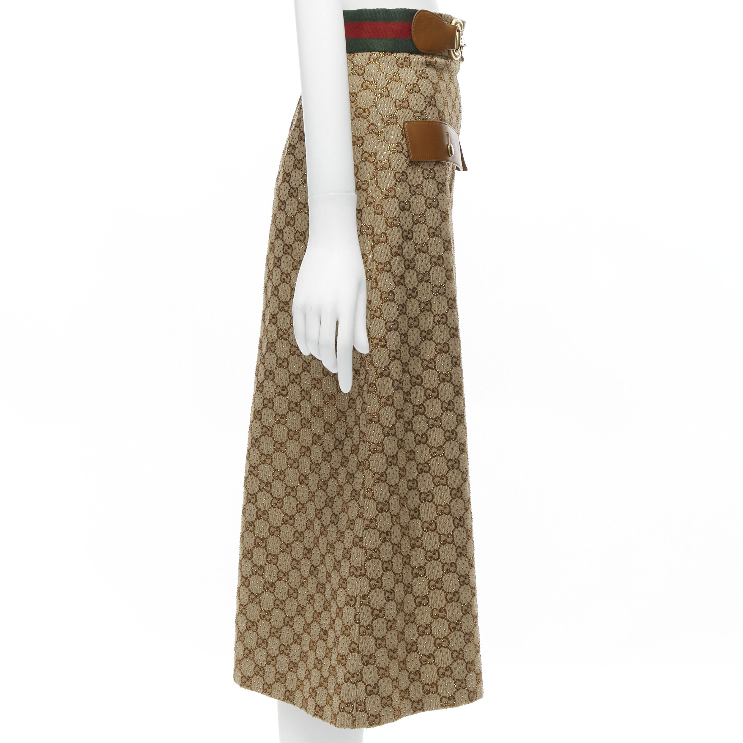 Gucci GUCCI GG logo monogram yellow crystal brown leather horse bit A-line midi skirt IT38 XS Size 26" / US 2 / IT 38 - 4 Thumbnail