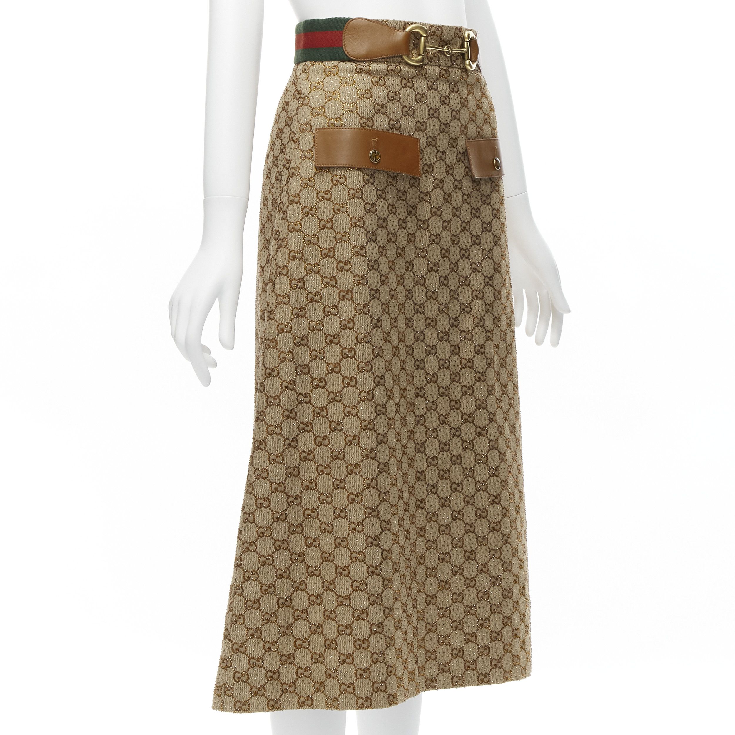 Gucci GUCCI GG logo monogram yellow crystal brown leather horse bit A-line midi skirt IT38 XS Size 26" / US 2 / IT 38 - 3 Thumbnail