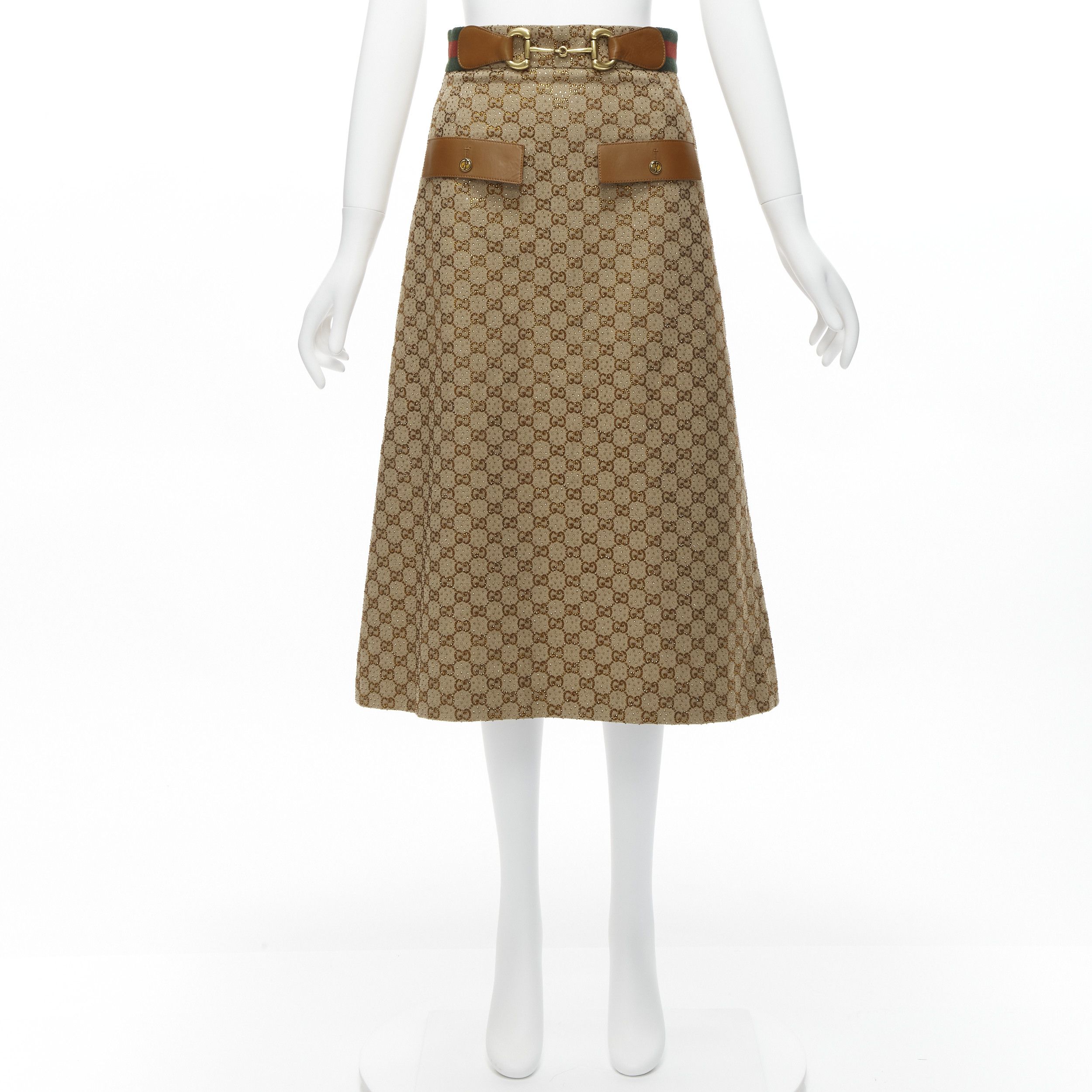 Gucci GUCCI GG logo monogram yellow crystal brown leather horse bit A-line midi skirt IT38 XS Size 26" / US 2 / IT 38 - 10 Thumbnail