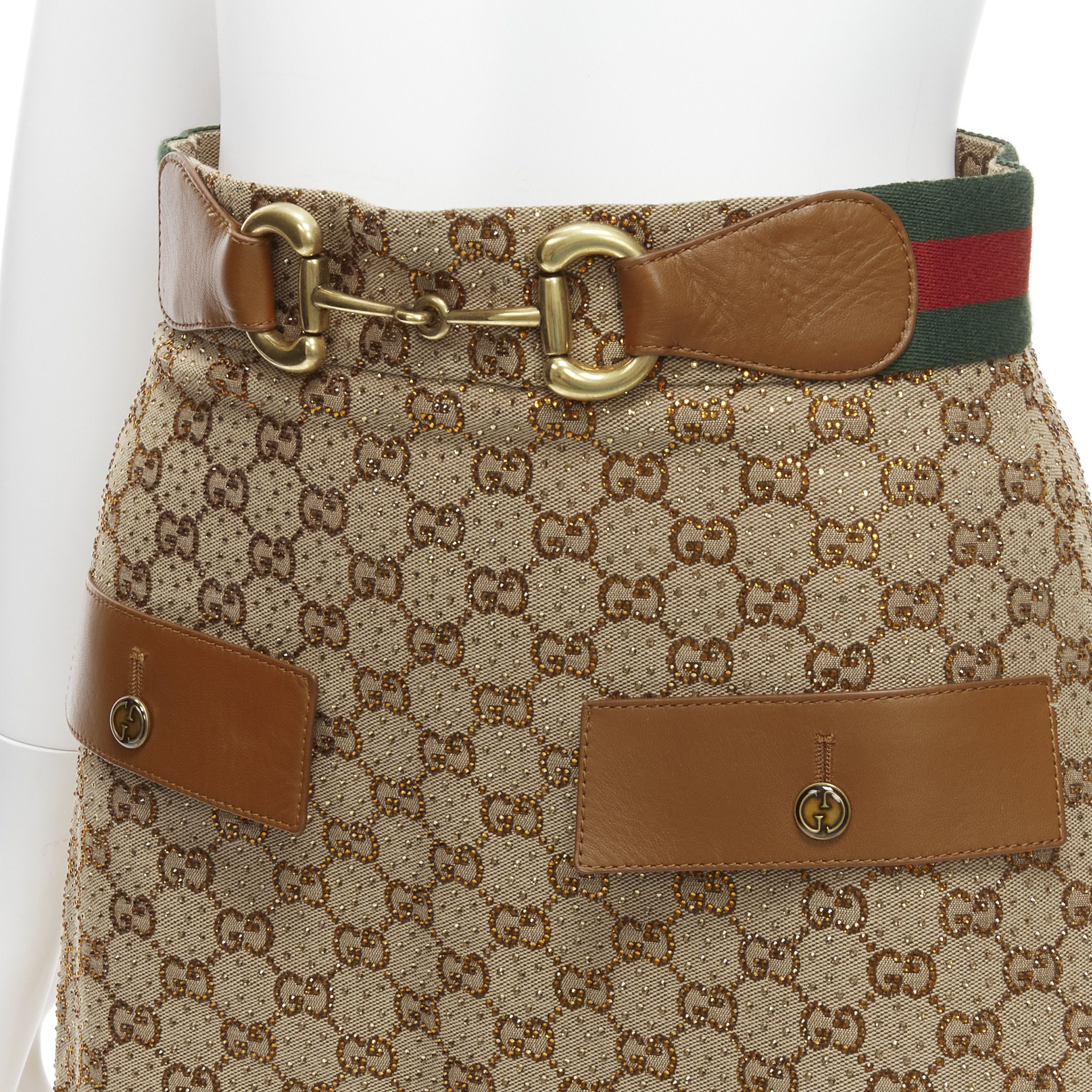 Gucci GUCCI GG logo monogram yellow crystal brown leather horse bit A-line midi skirt IT38 XS Size 26" / US 2 / IT 38 - 2 Thumbnail