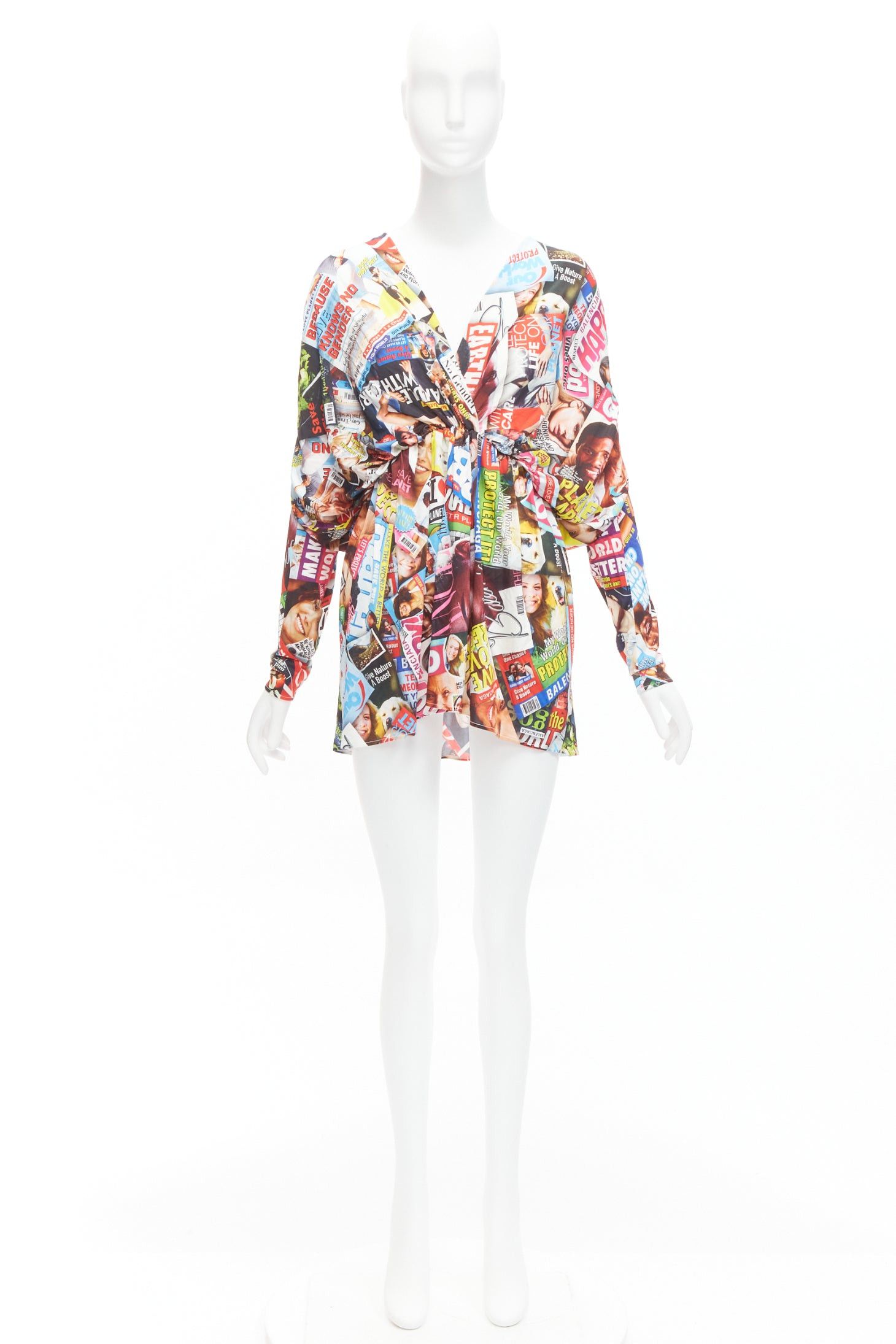 Balenciaga BALENCIAGA 2019 Cover Girl Magazine Tabloid print V neck gathered mini dress FR34 XS Size XS / US 0-2 / IT 36-38 - 9 Thumbnail