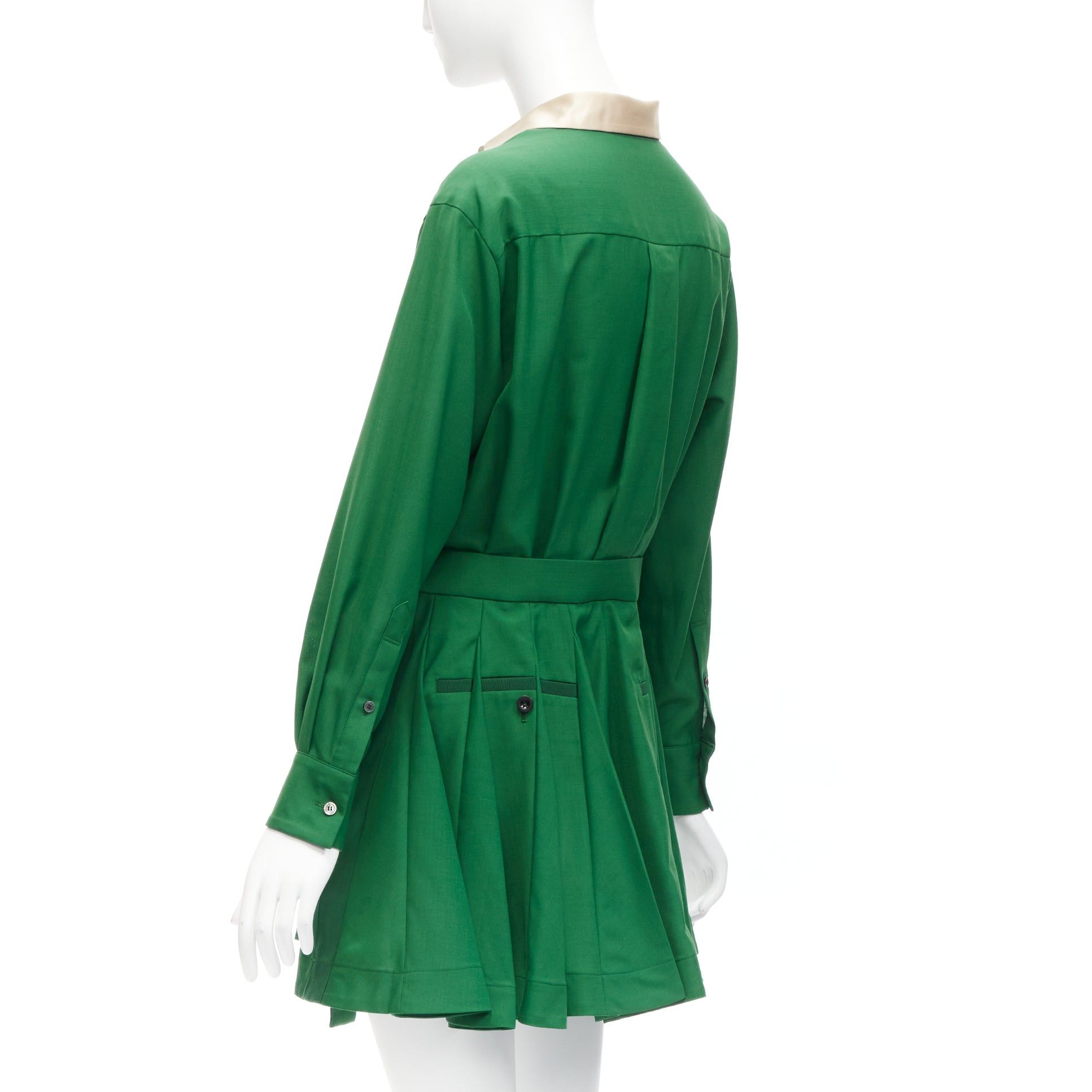 Sacai SACAI 2022 cream satin collar placket green belted pleated layered skirt shirt dress JP1 S Size S / US 4 / IT 40 - 6 Thumbnail