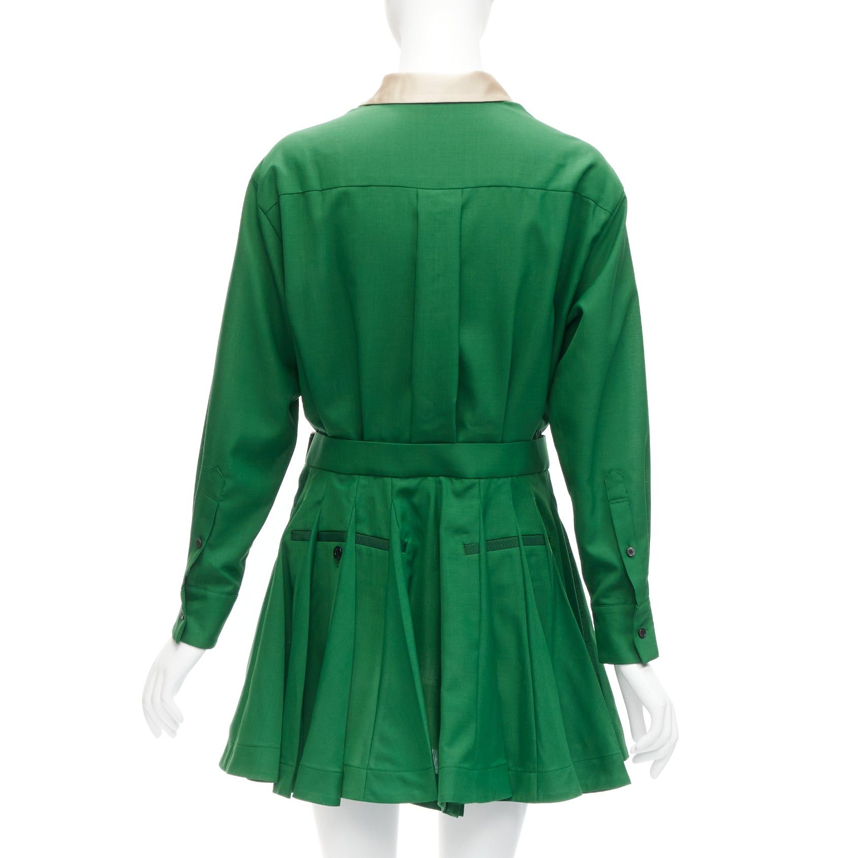 Sacai SACAI 2022 cream satin collar placket green belted pleated layered skirt shirt dress JP1 S Size S / US 4 / IT 40 - 5 Thumbnail