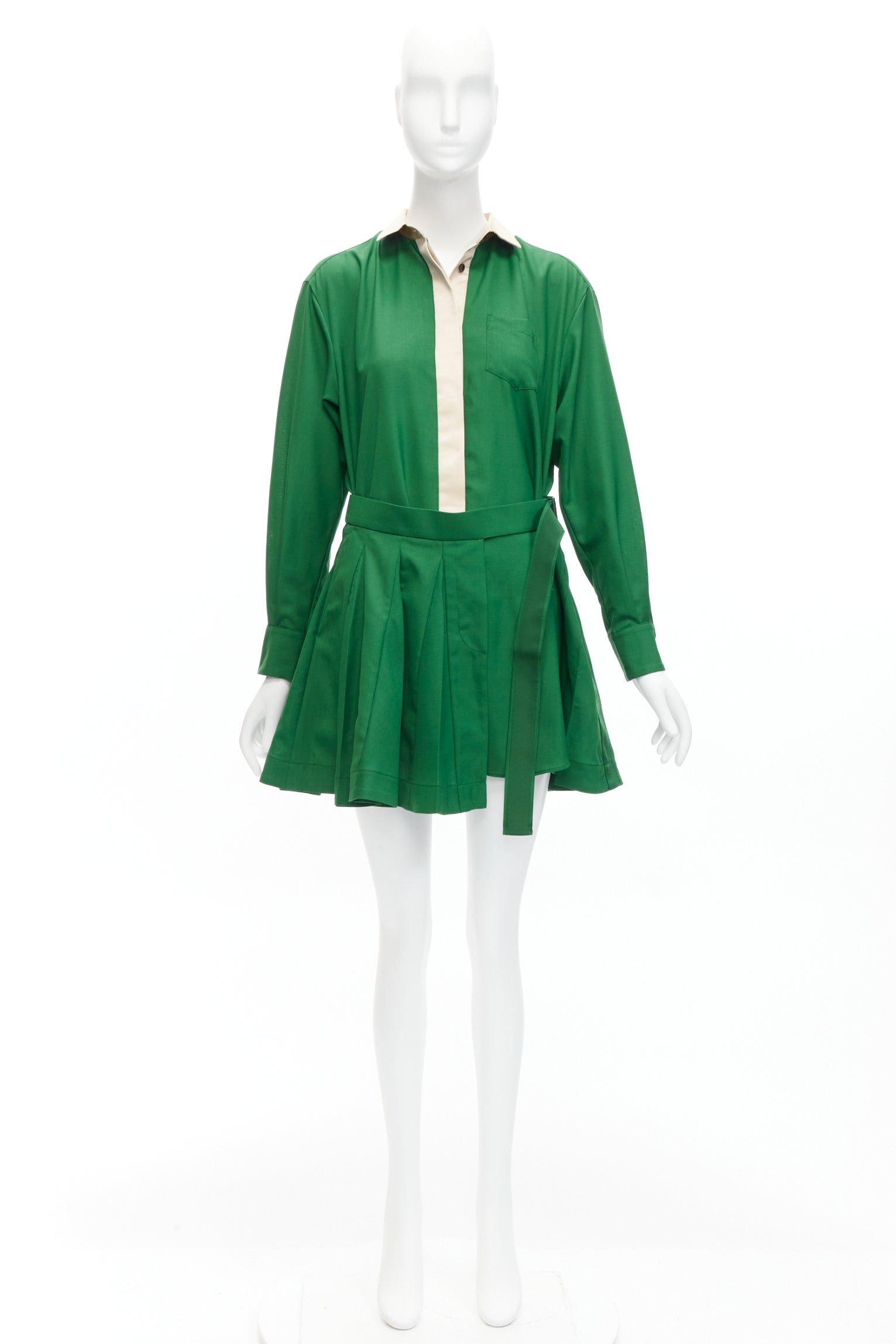Sacai SACAI 2022 cream satin collar placket green belted pleated layered skirt shirt dress JP1 S Size S / US 4 / IT 40 - 9 Thumbnail