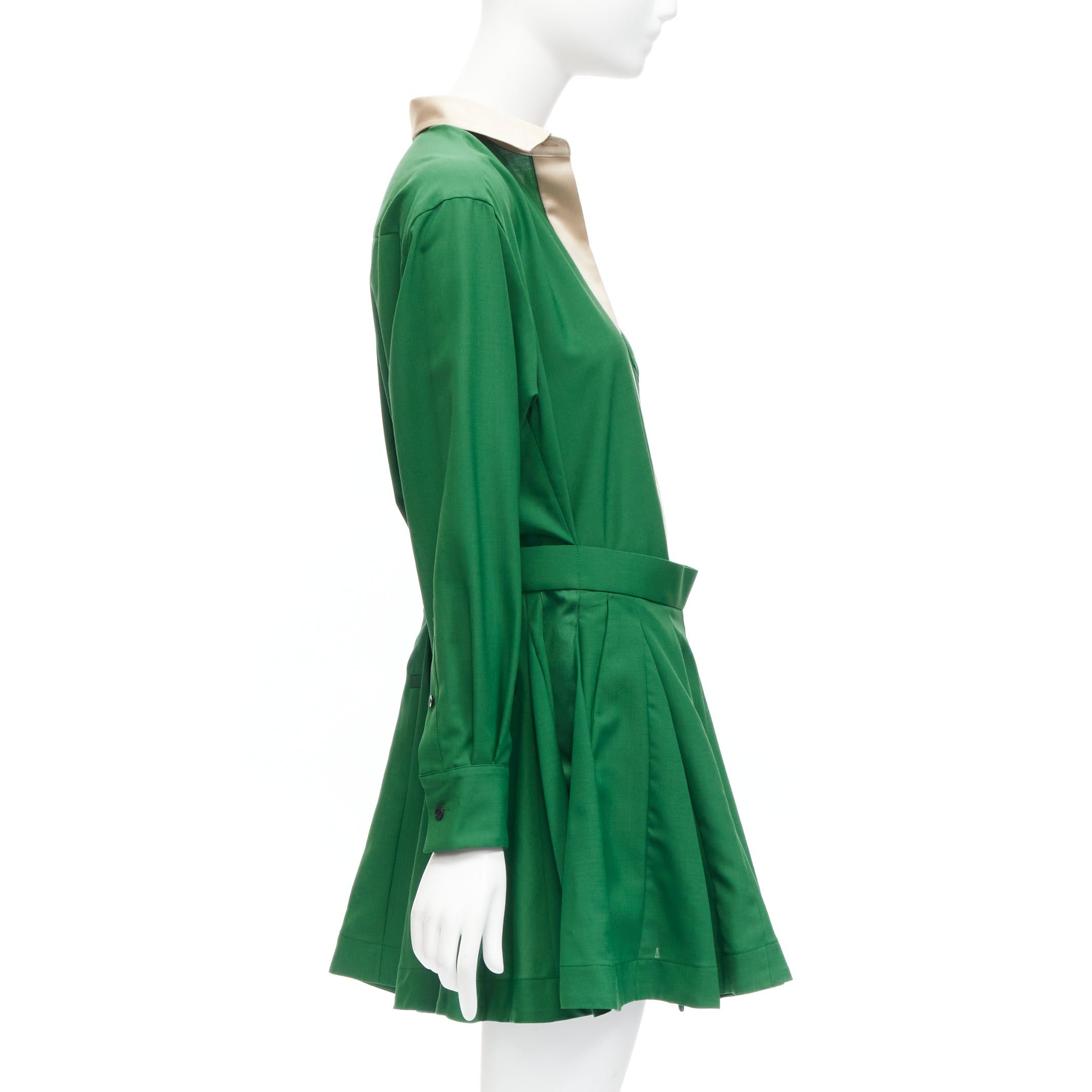 Sacai SACAI 2022 cream satin collar placket green belted pleated layered skirt shirt dress JP1 S Size S / US 4 / IT 40 - 4 Thumbnail