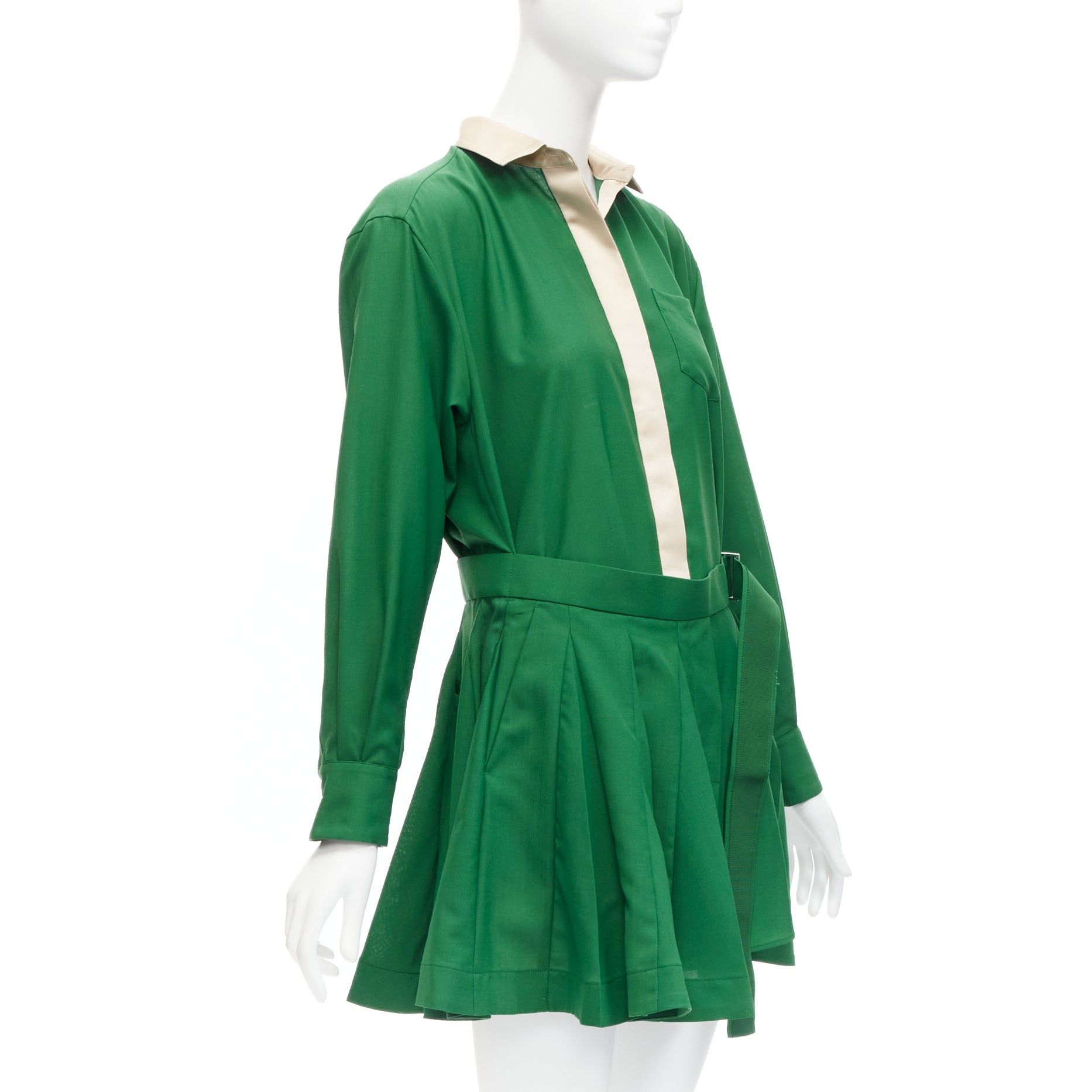 Sacai SACAI 2022 cream satin collar placket green belted pleated layered skirt shirt dress JP1 S Size S / US 4 / IT 40 - 3 Thumbnail