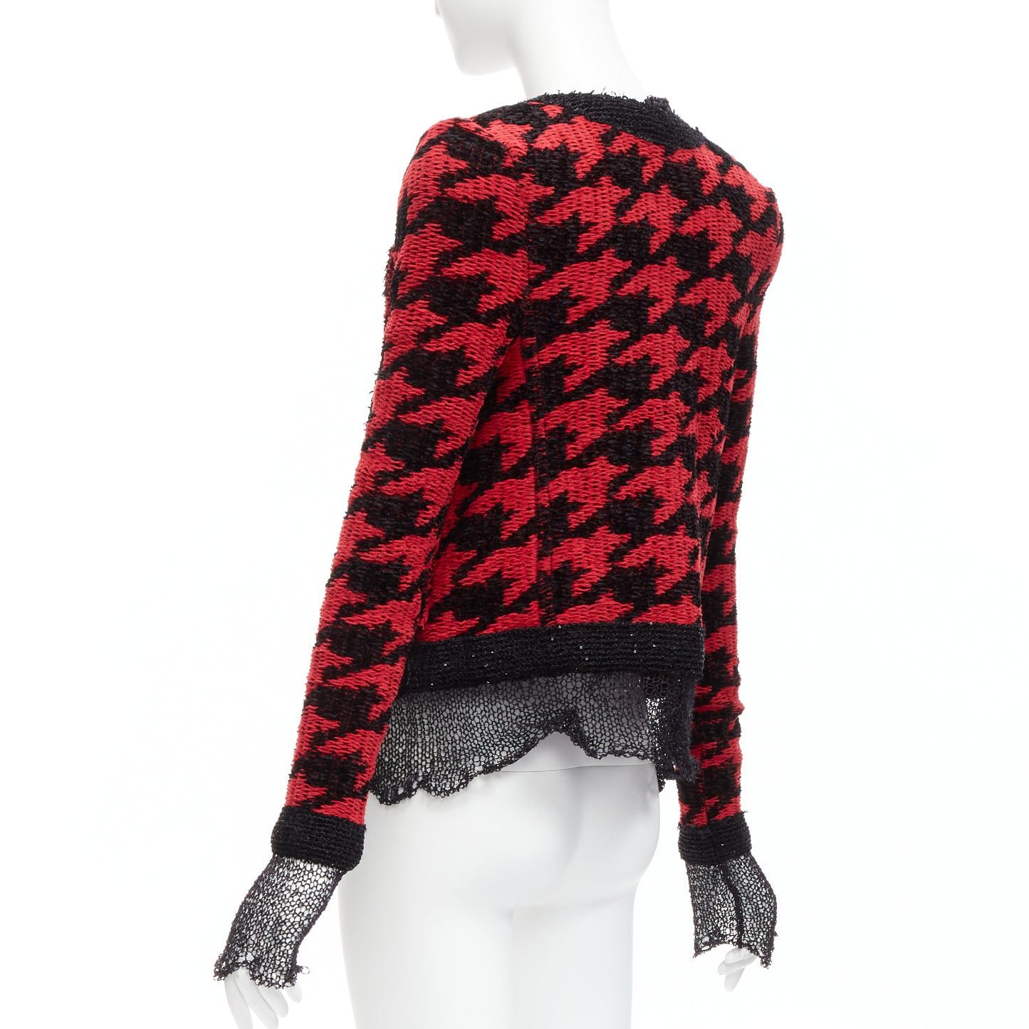 Balmain BALMAIN 2022 red black houndstooth destroyed pointelle knit mesh jacket FR34 XS Size XS / US 0-2 / IT 36-38 - 6 Thumbnail