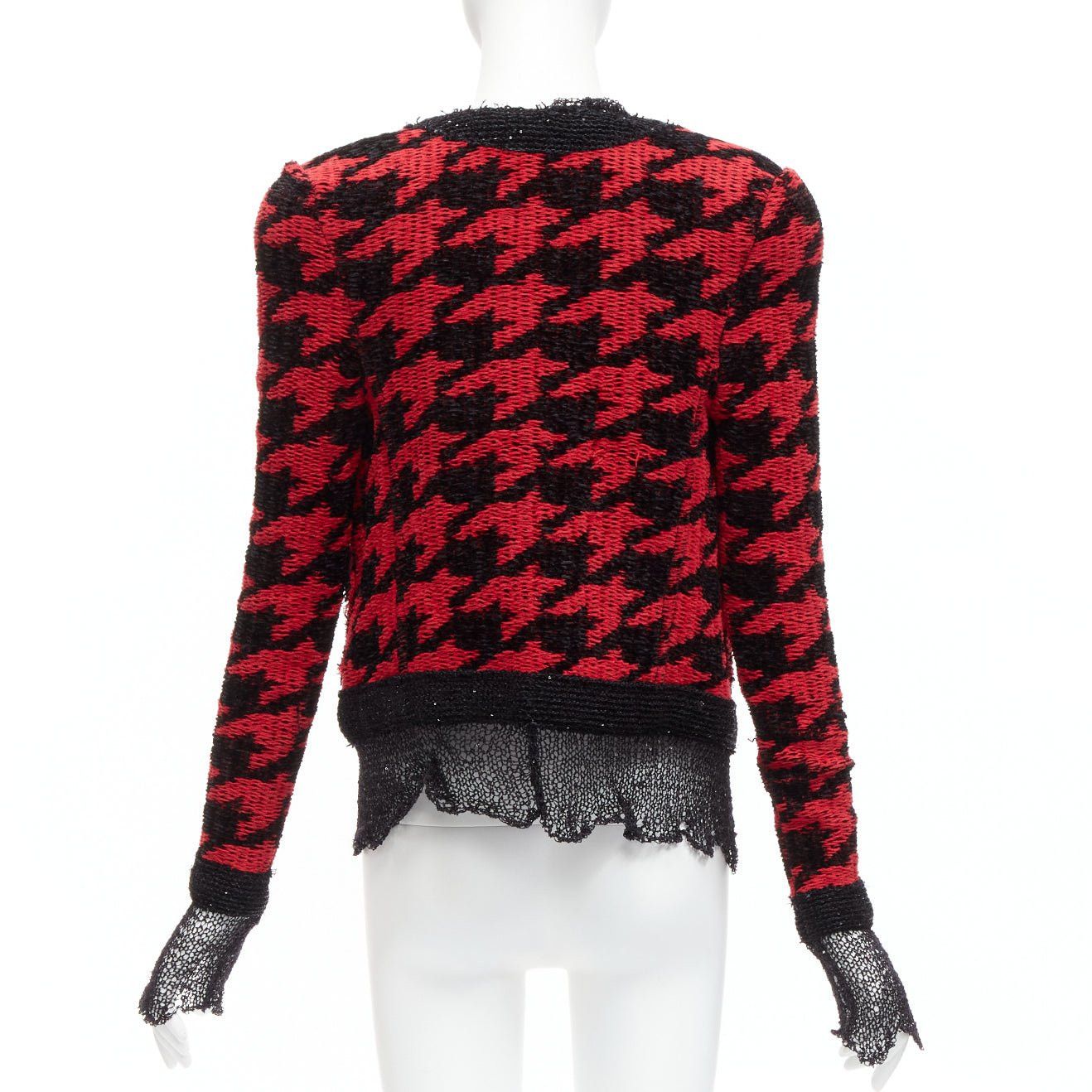 Balmain BALMAIN 2022 red black houndstooth destroyed pointelle knit mesh jacket FR34 XS Size XS / US 0-2 / IT 36-38 - 5 Thumbnail