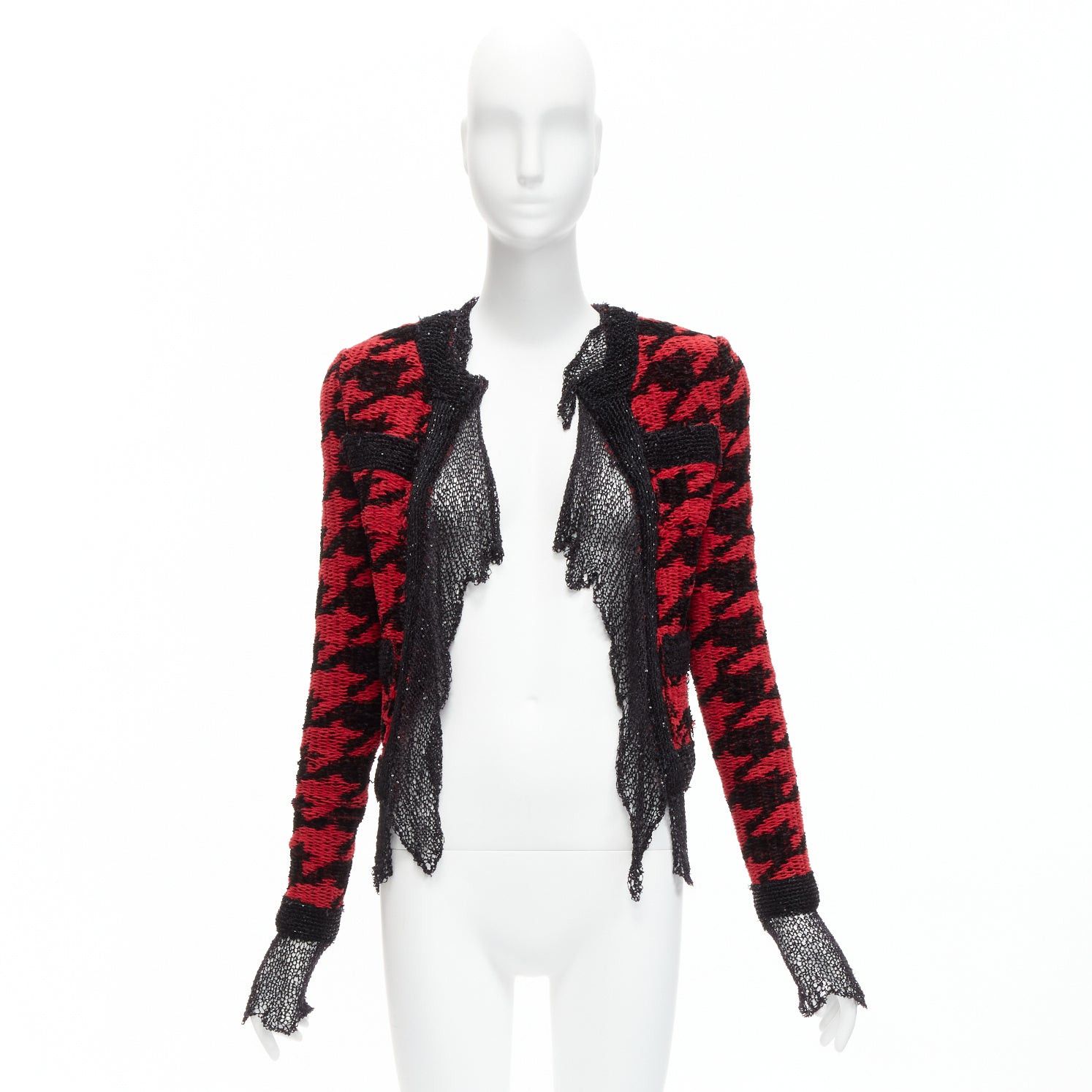 Balmain BALMAIN 2022 red black houndstooth destroyed pointelle knit mesh jacket FR34 XS Size XS / US 0-2 / IT 36-38 - 9 Thumbnail