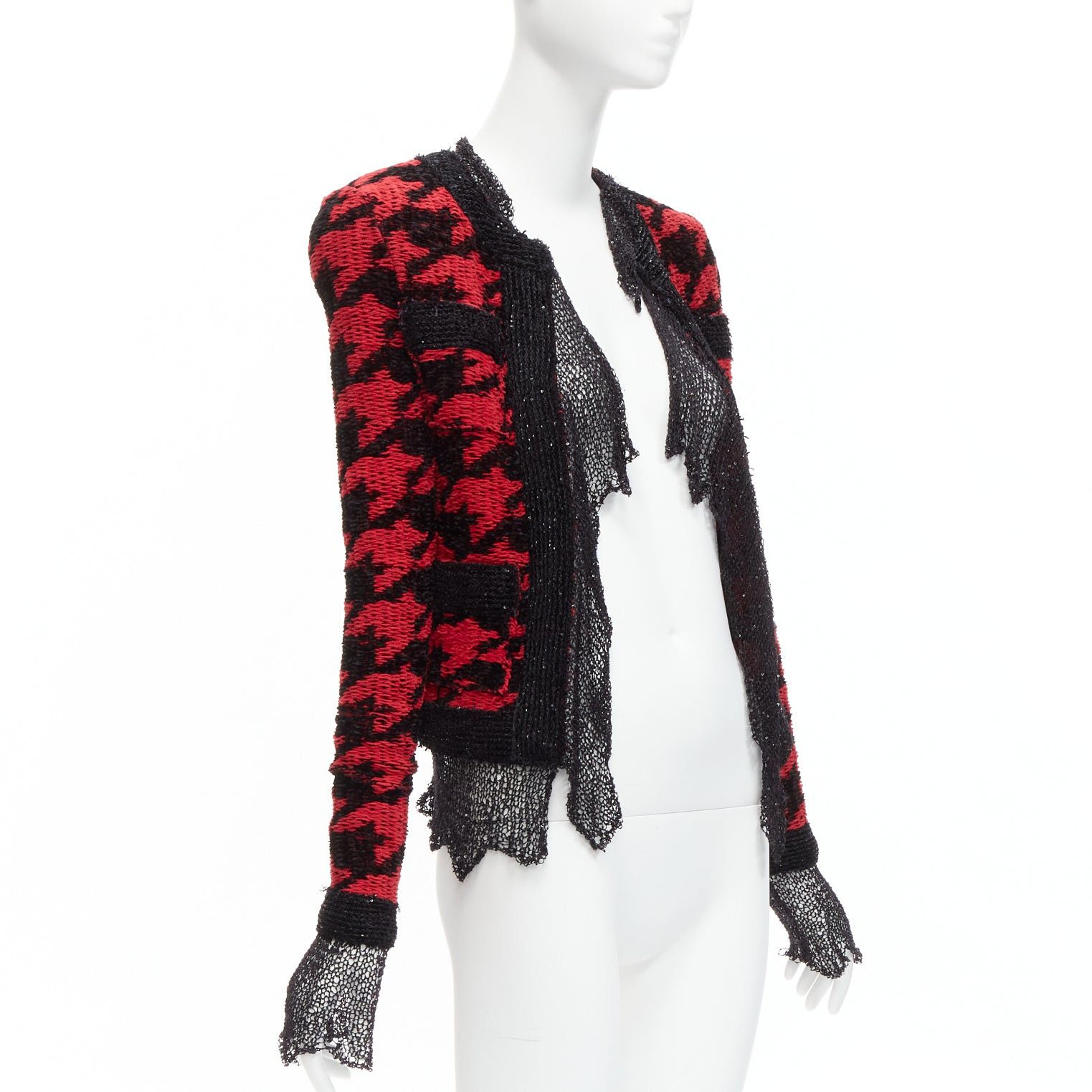 Balmain BALMAIN 2022 red black houndstooth destroyed pointelle knit mesh jacket FR34 XS Size XS / US 0-2 / IT 36-38 - 3 Thumbnail
