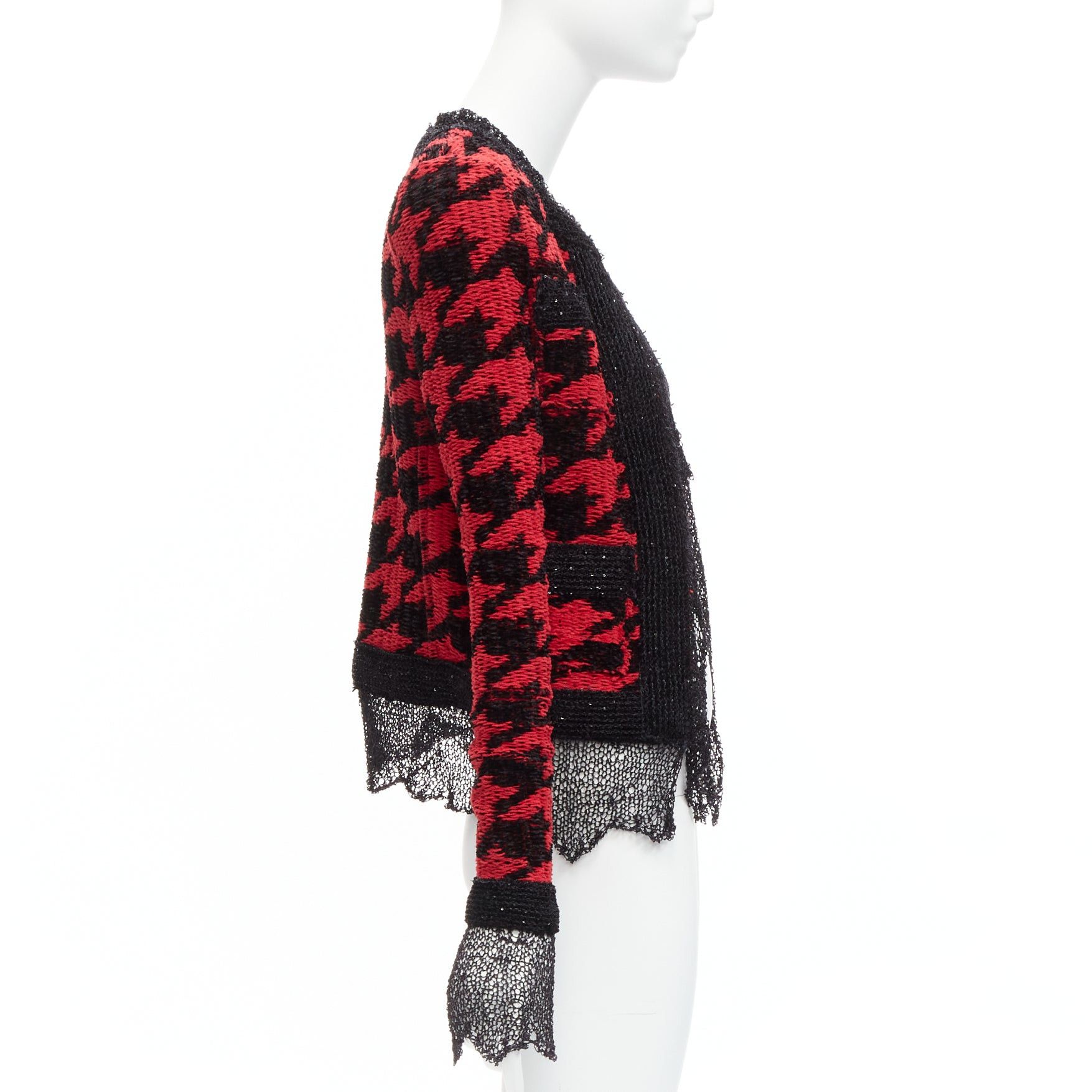 Balmain BALMAIN 2022 red black houndstooth destroyed pointelle knit mesh jacket FR34 XS Size XS / US 0-2 / IT 36-38 - 4 Thumbnail
