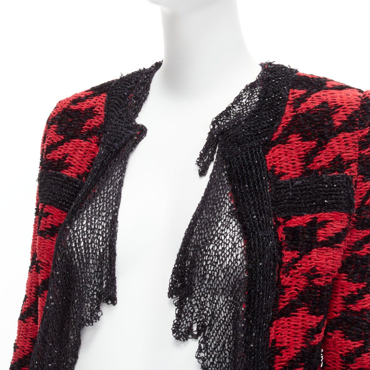 Balmain BALMAIN 2022 red black houndstooth destroyed pointelle knit mesh jacket FR34 XS Size XS / US 0-2 / IT 36-38 - 2 Thumbnail