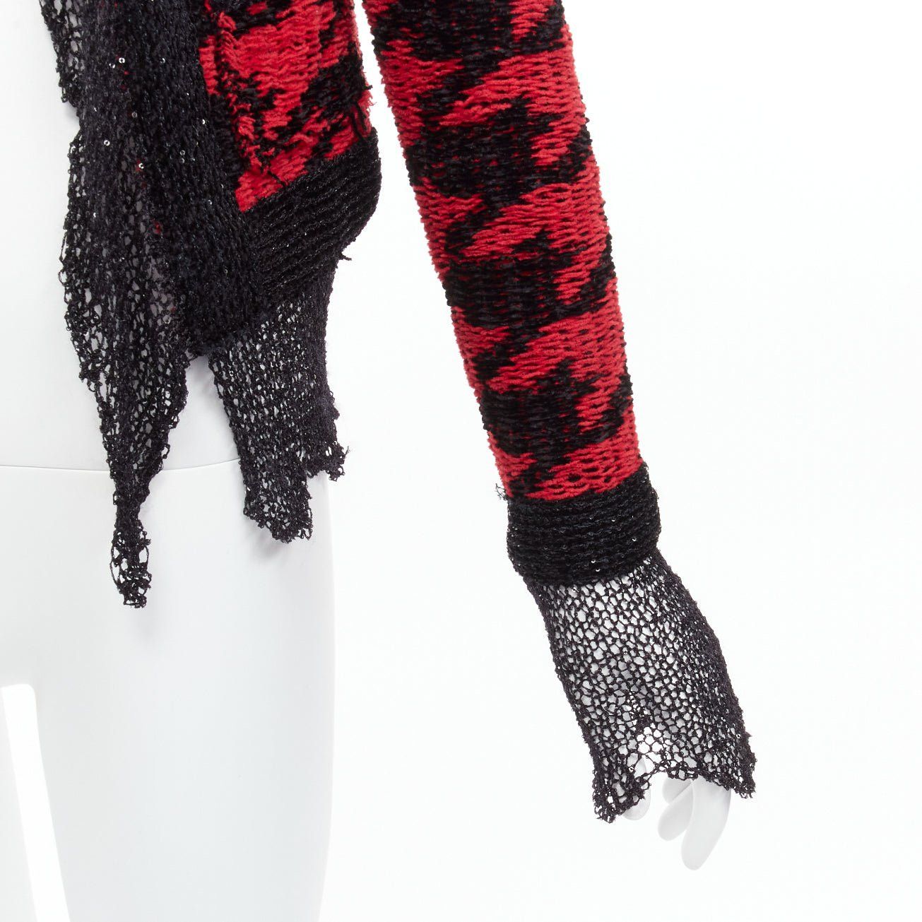 Balmain BALMAIN 2022 red black houndstooth destroyed pointelle knit mesh jacket FR34 XS Size XS / US 0-2 / IT 36-38 - 7 Thumbnail